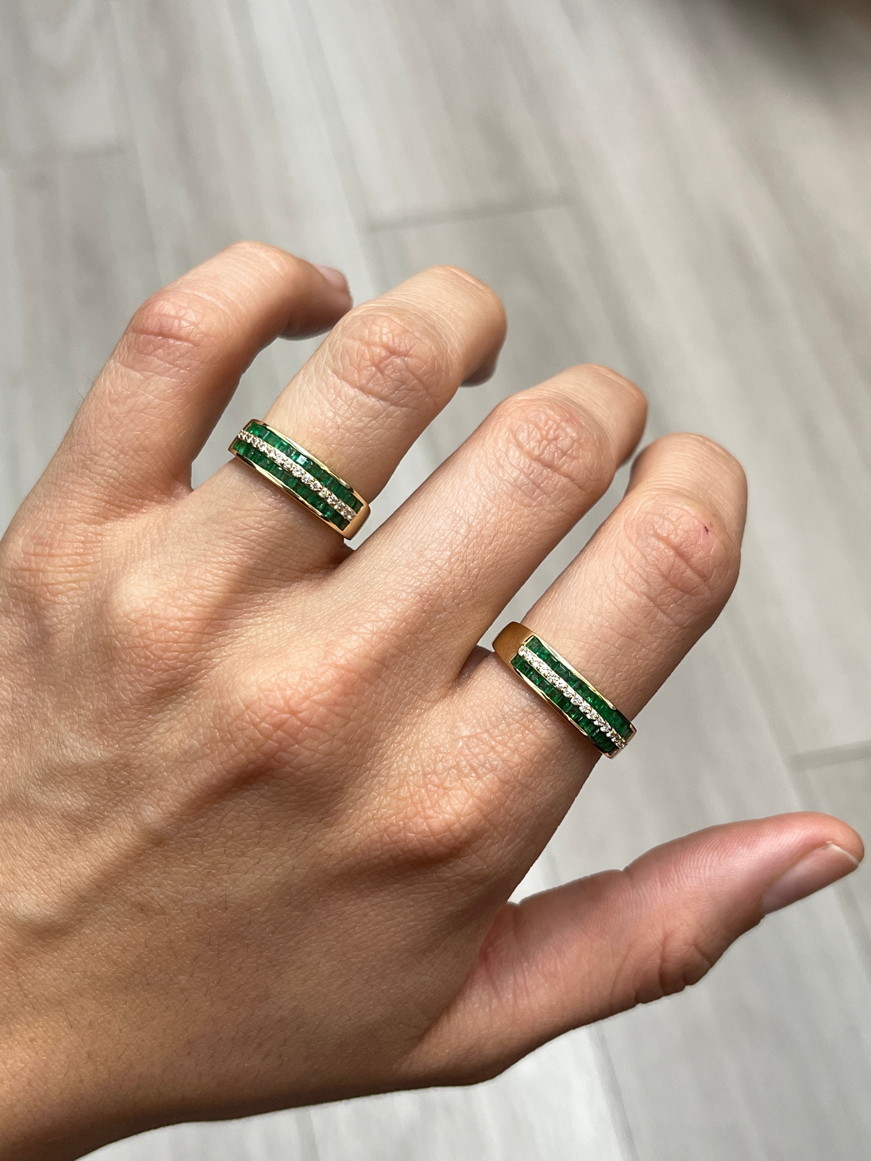 Three-row square emerald and diamond wedding band in 14K gold, featuring lush green emeralds and sparkling diamonds.