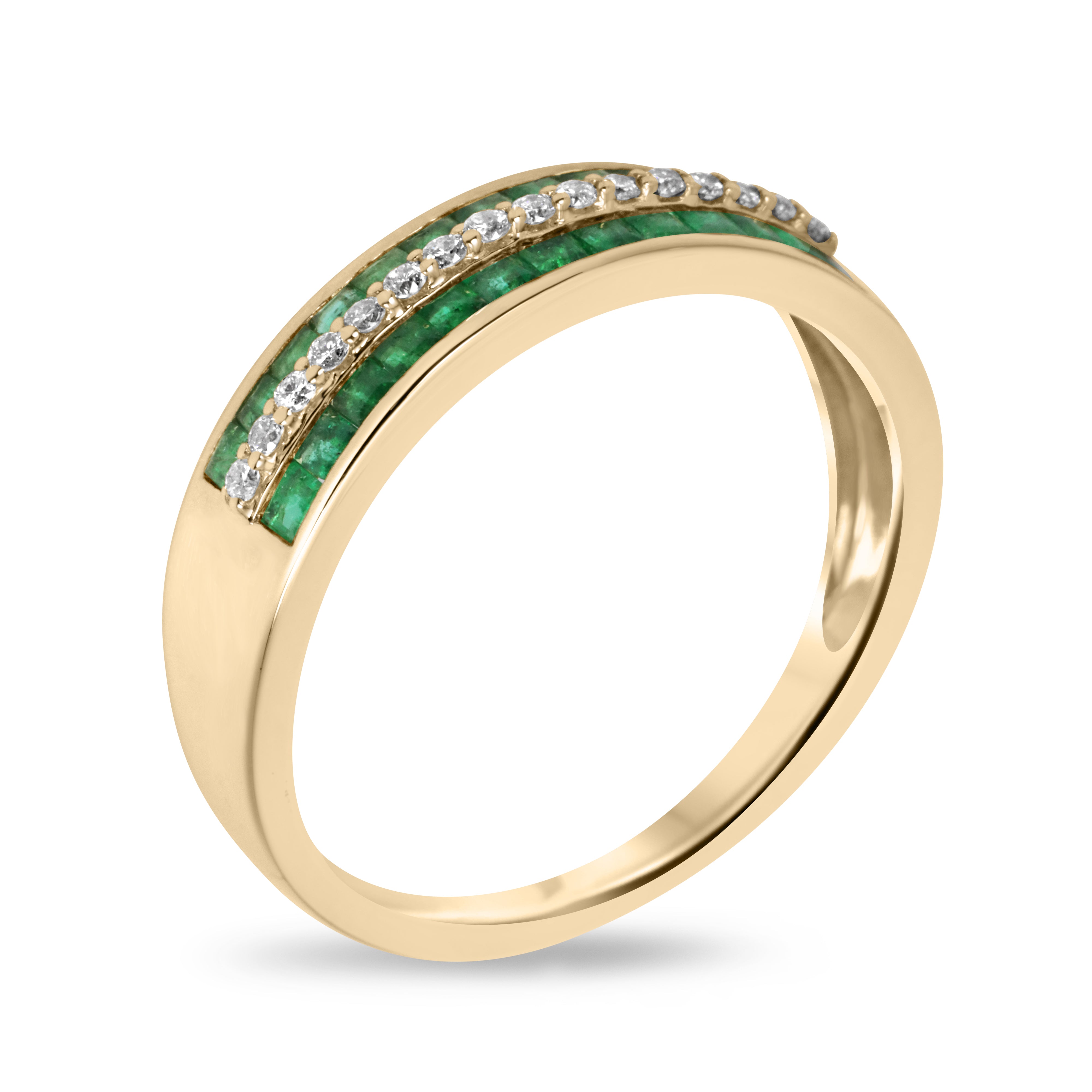 Three Row Square Emerald & Diamond Wedding Band 6mm 14K Gold - JR Colombian Emeralds