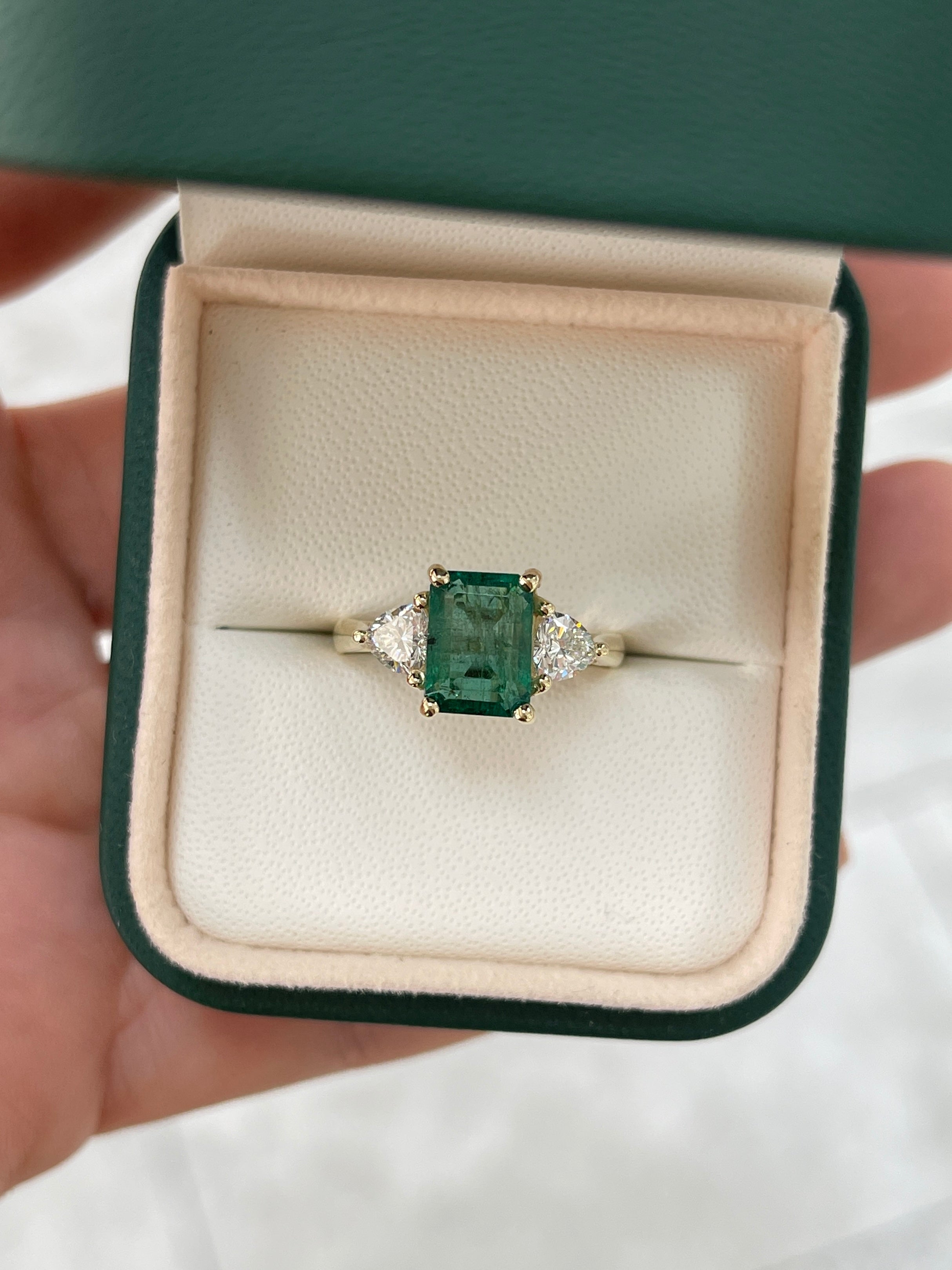 3.15tcw Natural Emerald & Lab Trillion Cut Diamond 14K Three Stone Ring - JR Colombian Emeralds