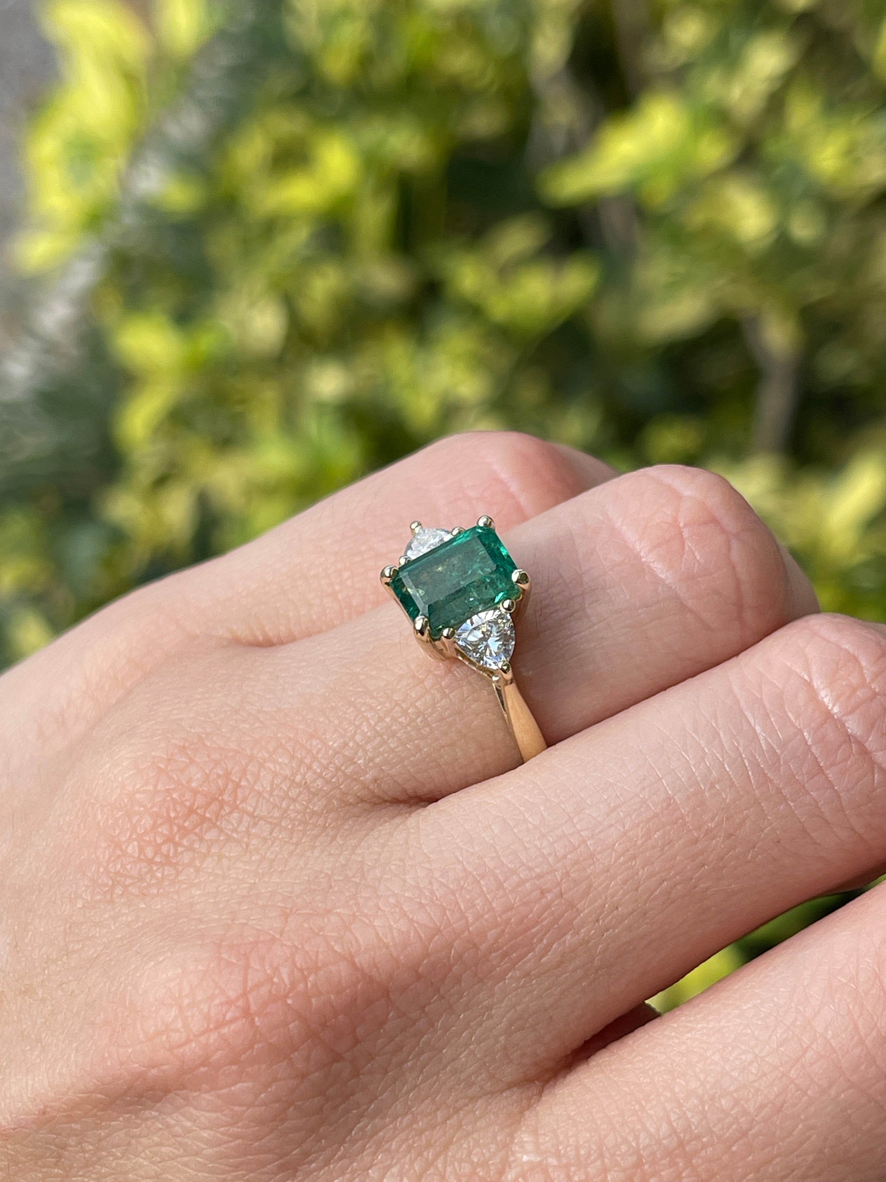 3.15tcw Natural Emerald & Lab Trillion Cut Diamond 14K Three Stone Ring - JR Colombian Emeralds