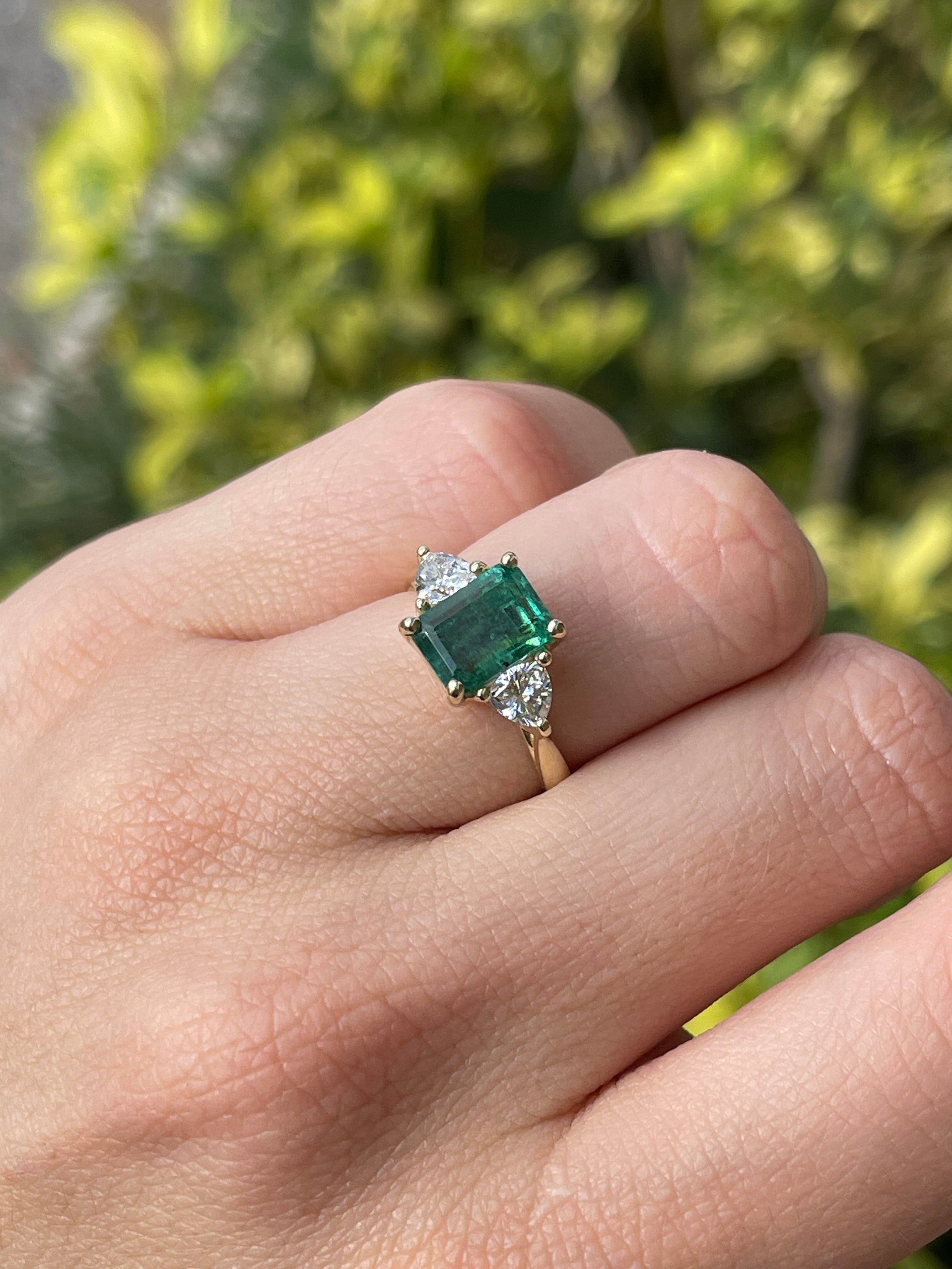3.15tcw Natural Emerald & Lab Trillion Cut Diamond 14K Three Stone Ring - JR Colombian Emeralds