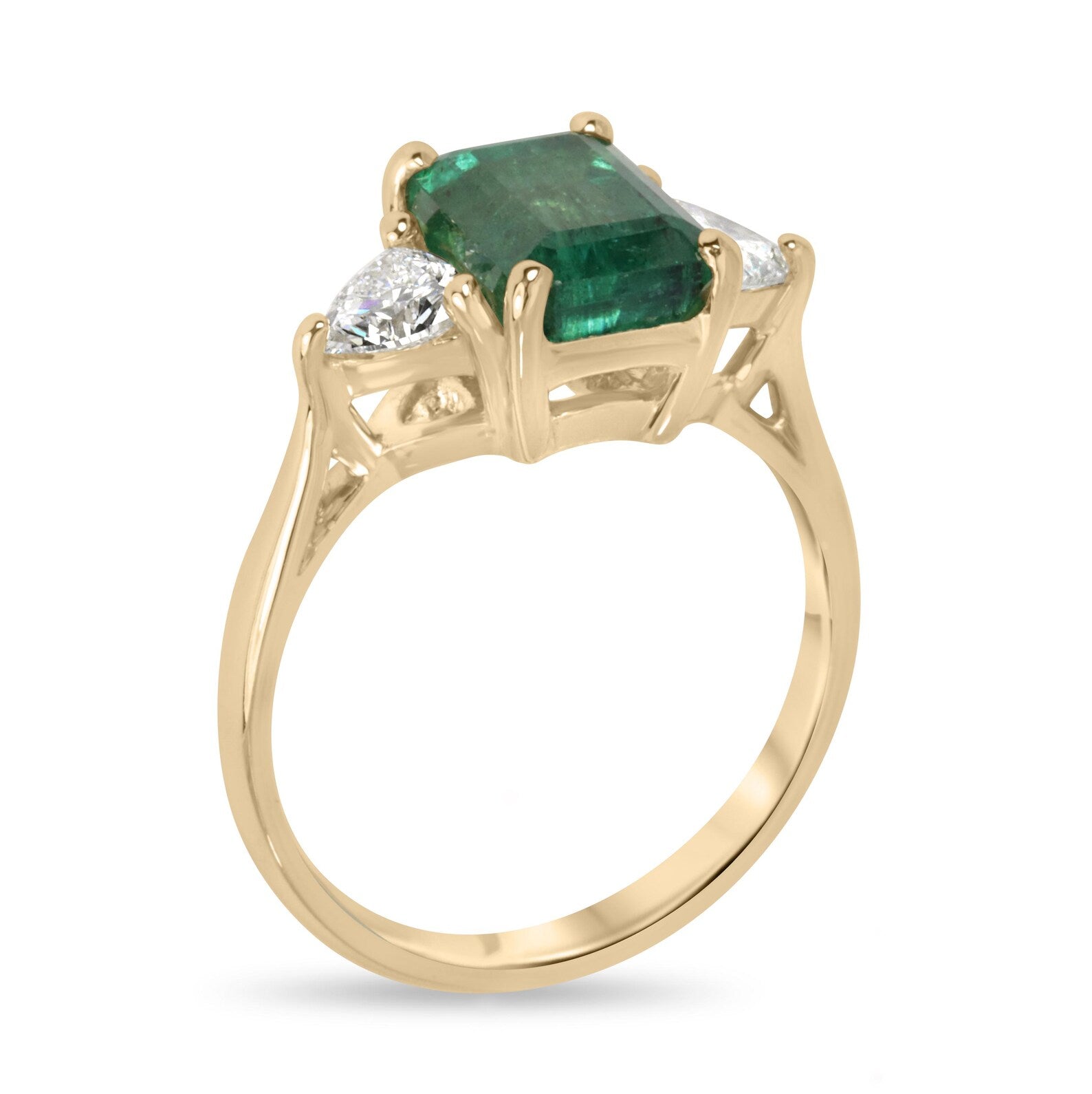 Natural emerald and lab-created trillion cut diamond three-stone ring in 14K gold by JR Colombian Emeralds