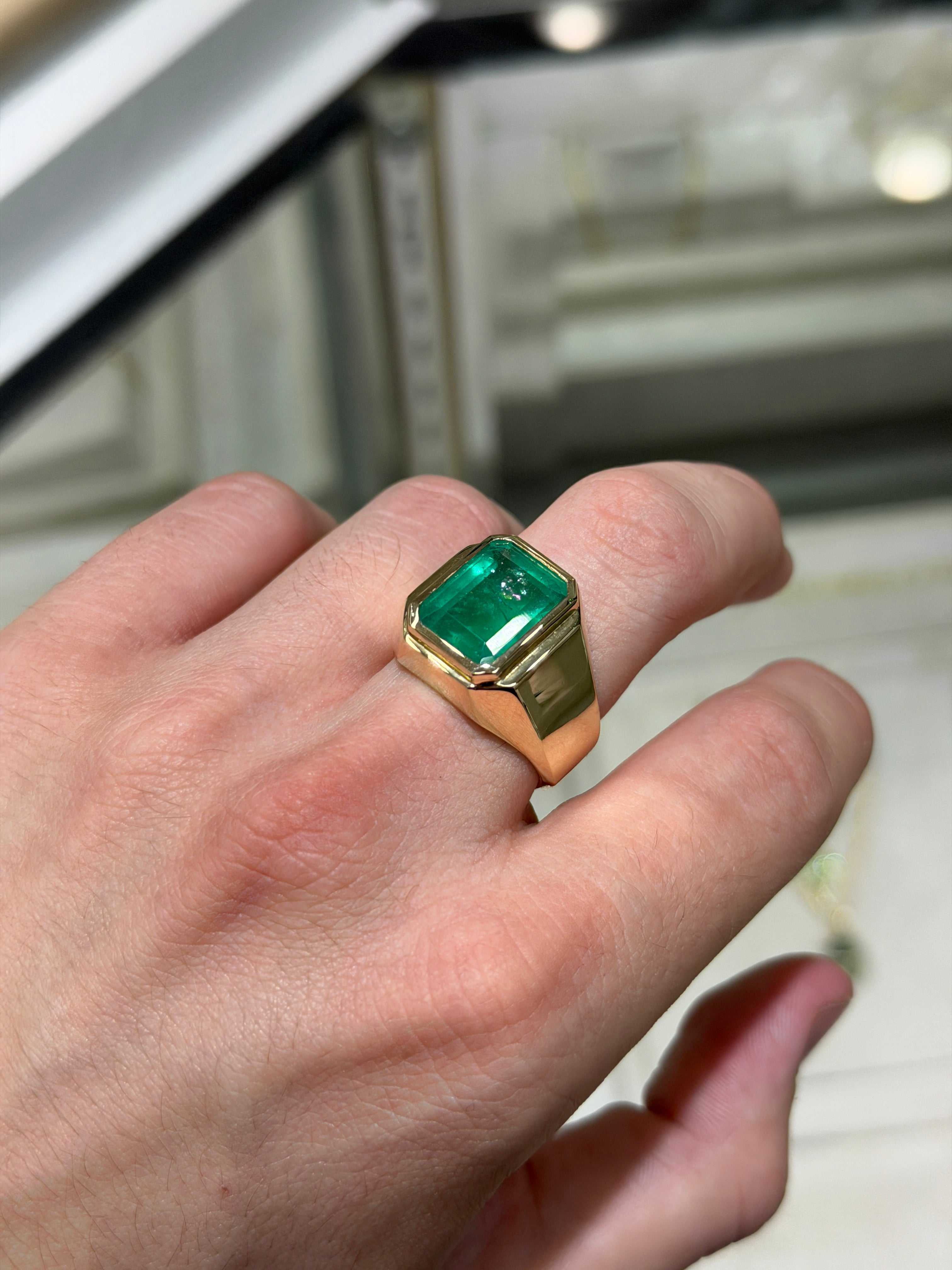9.64ct 14K XL Bezel Set Emerald Cut Emerald Men's Signet Ring