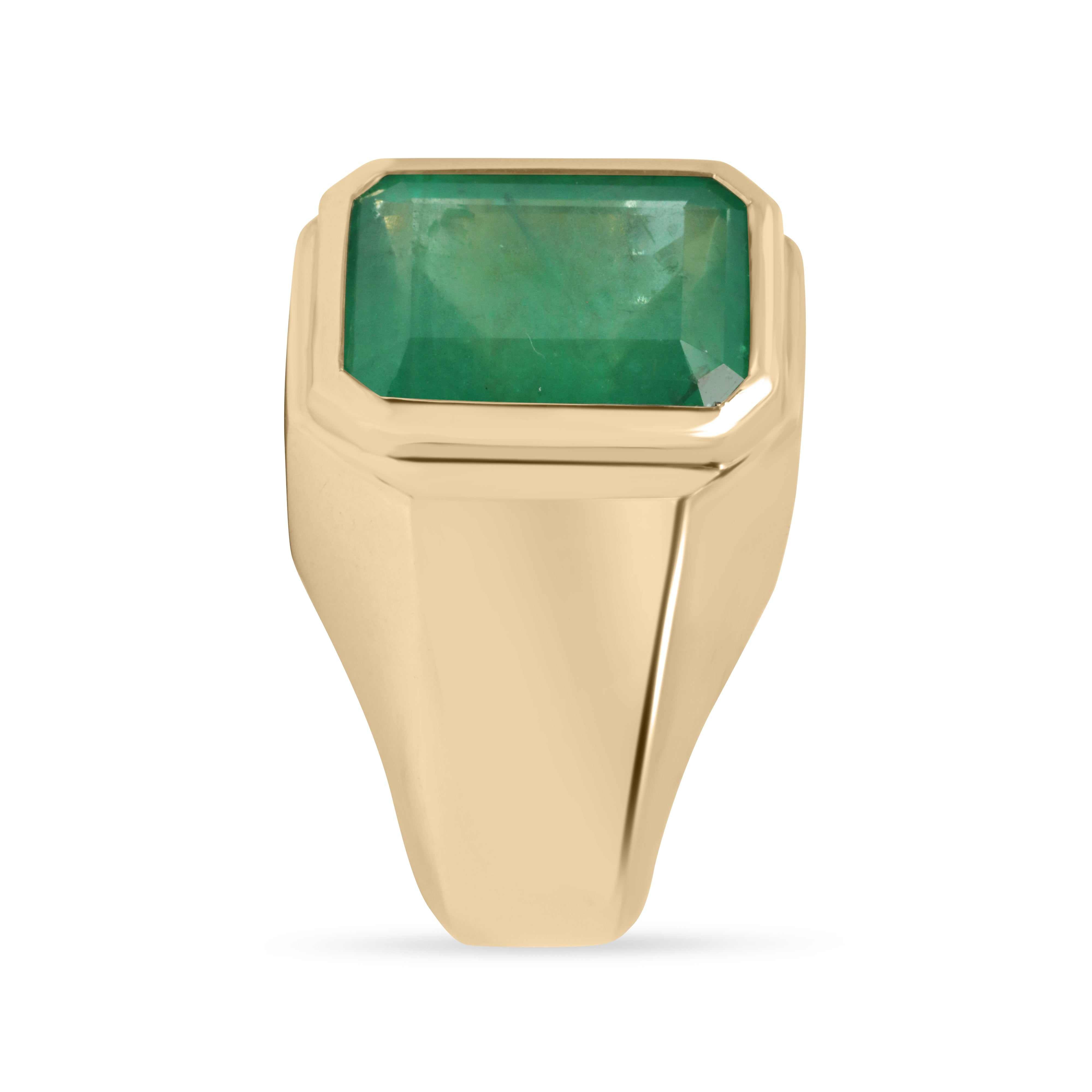9.64ct 14K XL Bezel Set Emerald Cut Emerald Men's Signet Ring