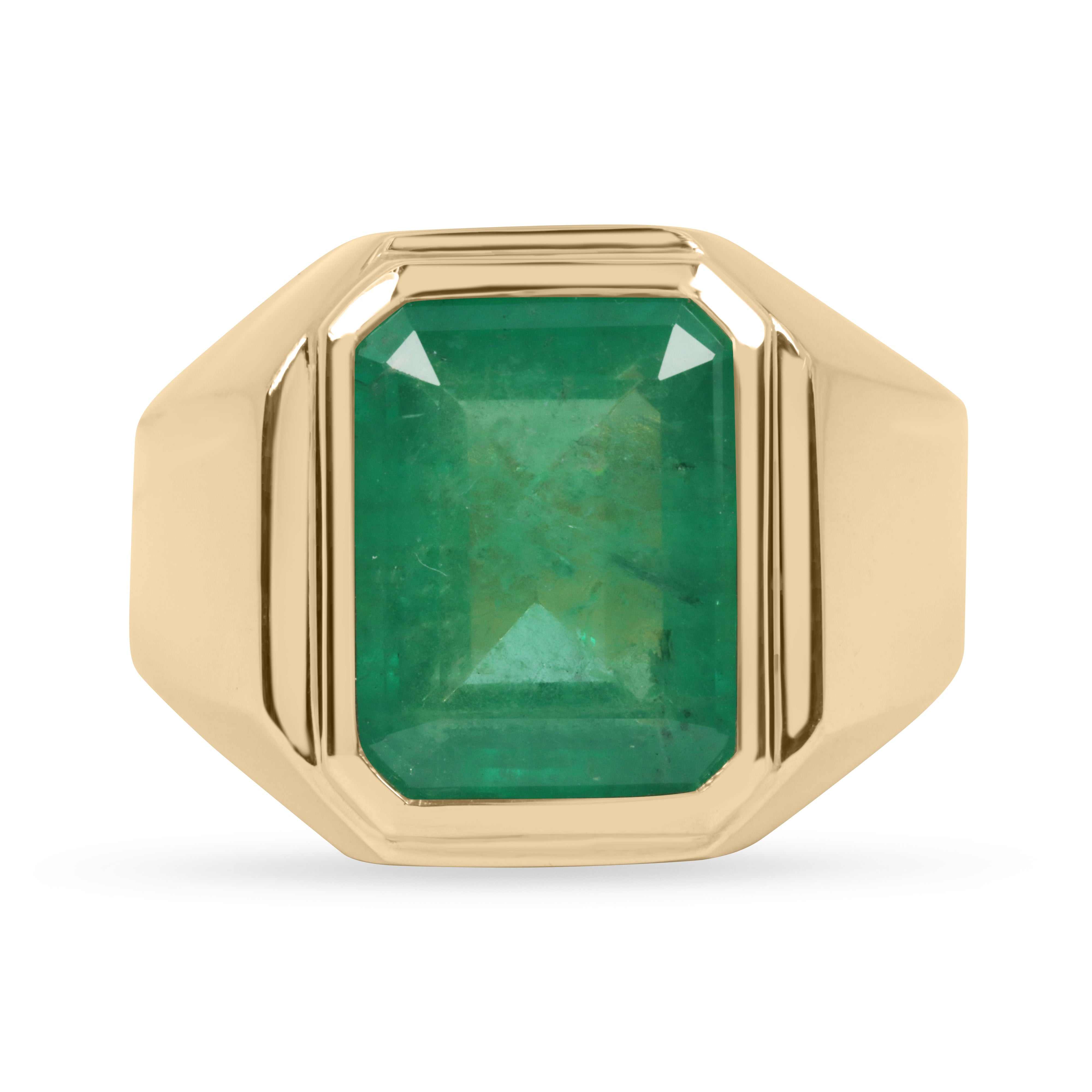 9.64 carat XL bezel set emerald cut emerald men's signet ring in 14K yellow gold