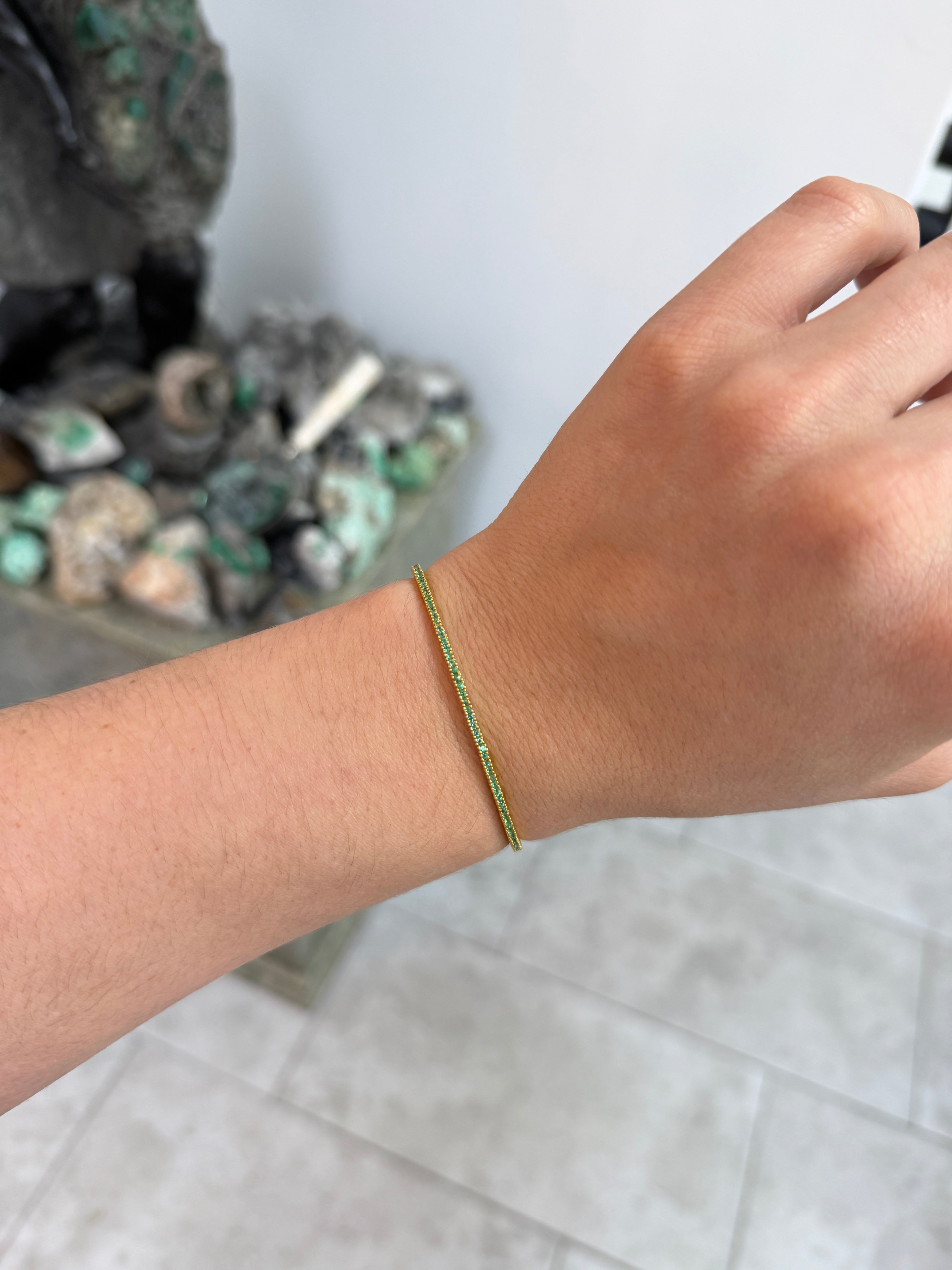 1.10tcw 14K Petite Stacking Round Cut Emerald Tennis Bracelet