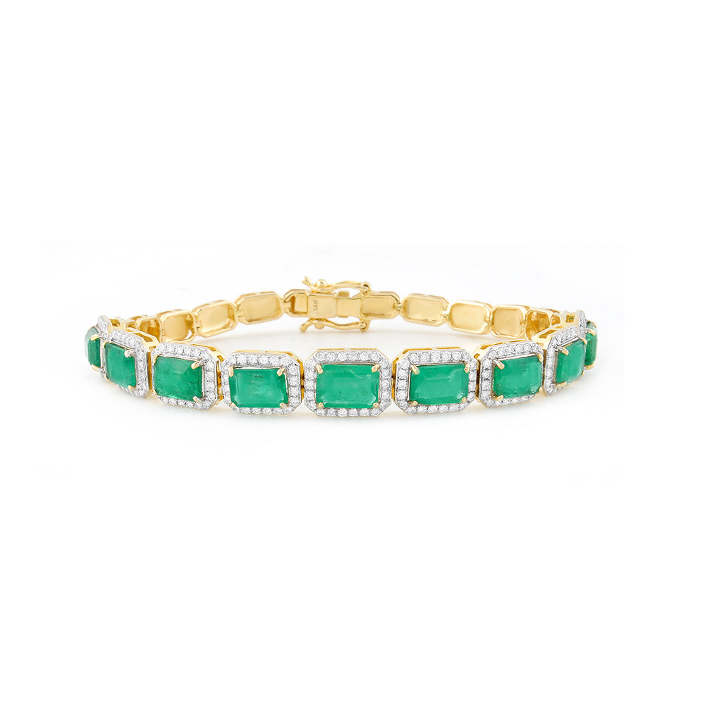 10.08tcw 14K Natural Emerald & Diamond Halo Custom Gold Bracelet 6.5"