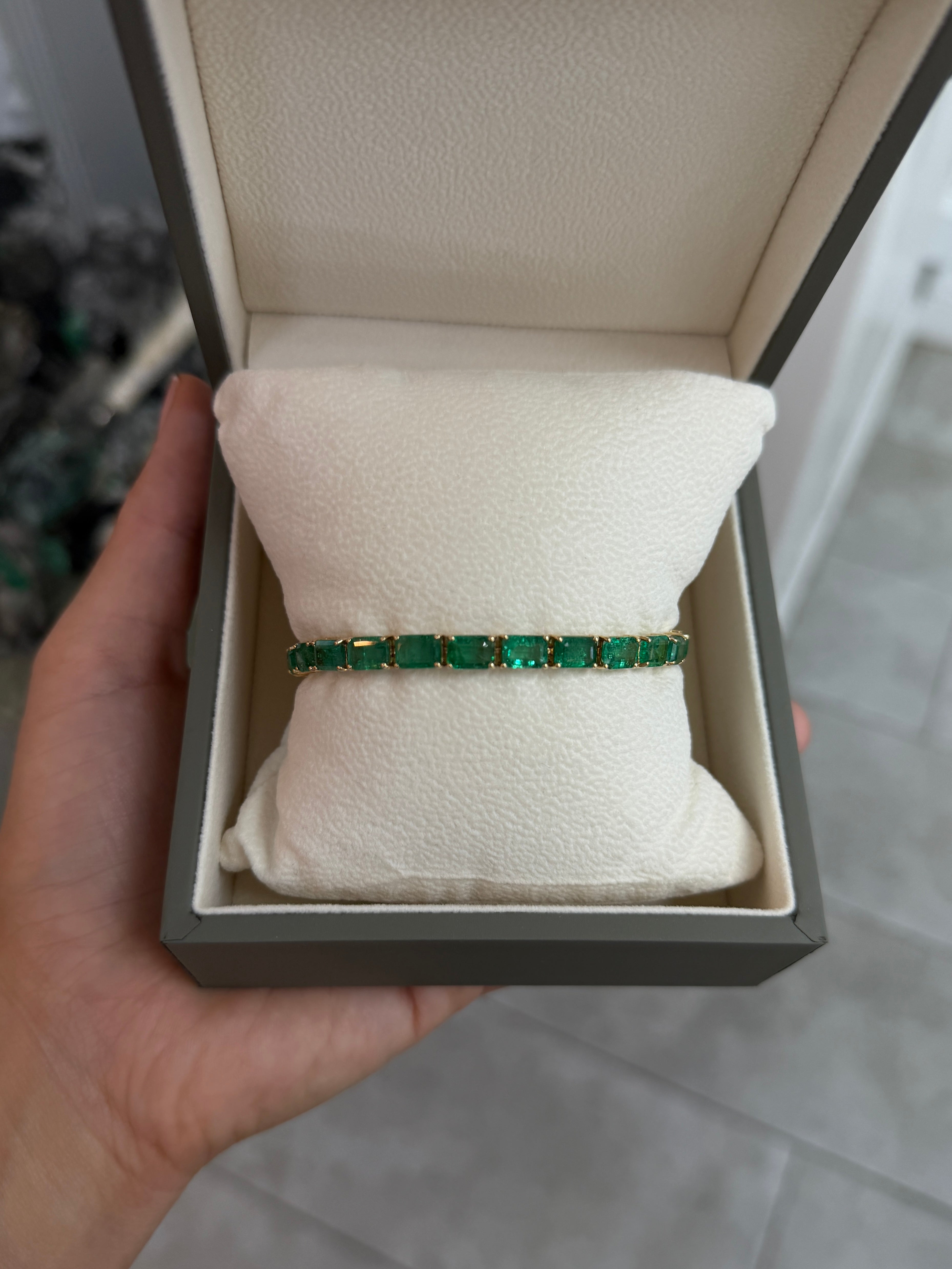 14.75tcw 14K Natural Emerald Half Tennis Adjustable Bracelet 7"