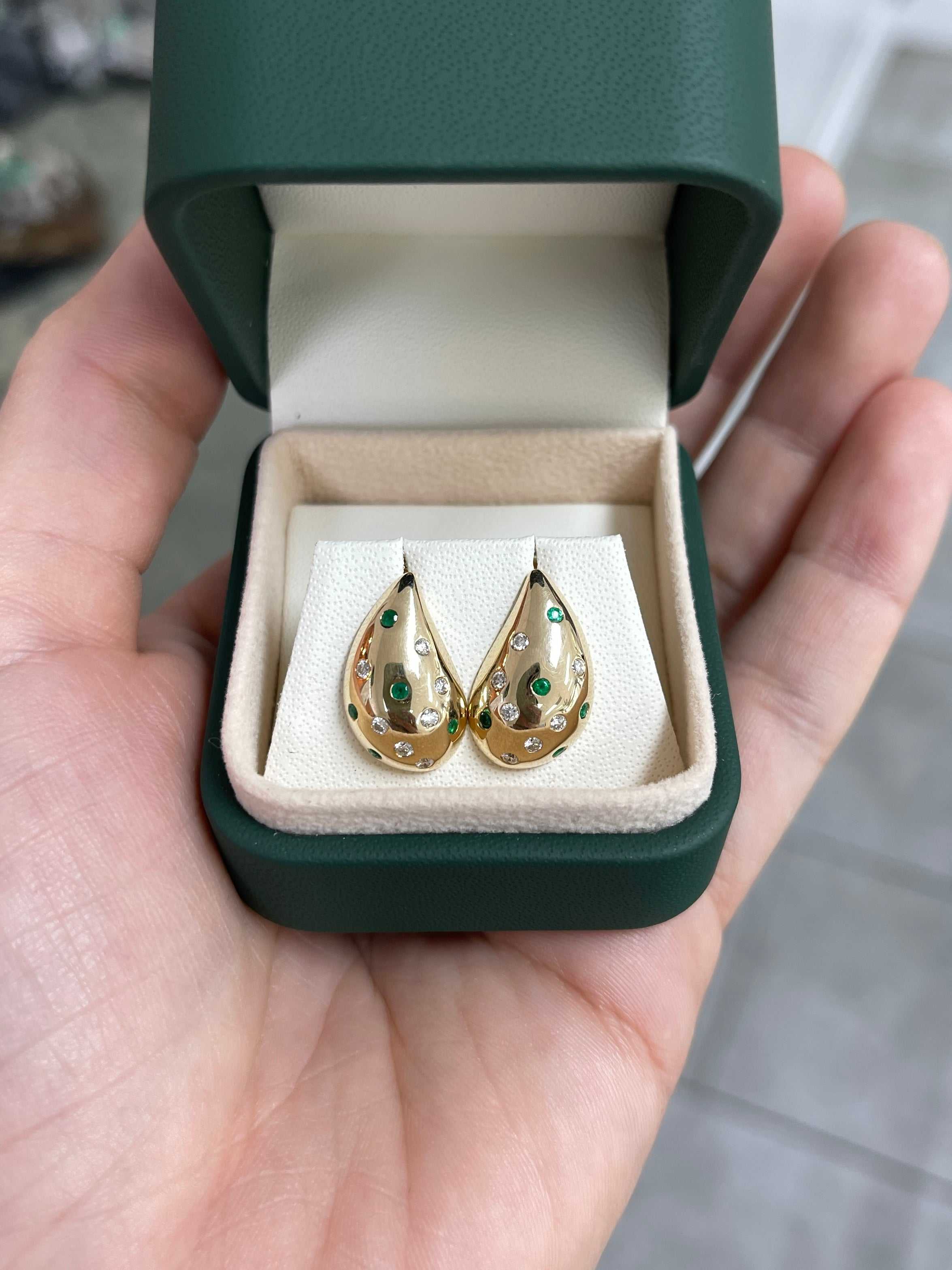 0.53tcw Emerald & Diamond Water Drop Teardrop Earrings 14K - JR Colombian Emeralds