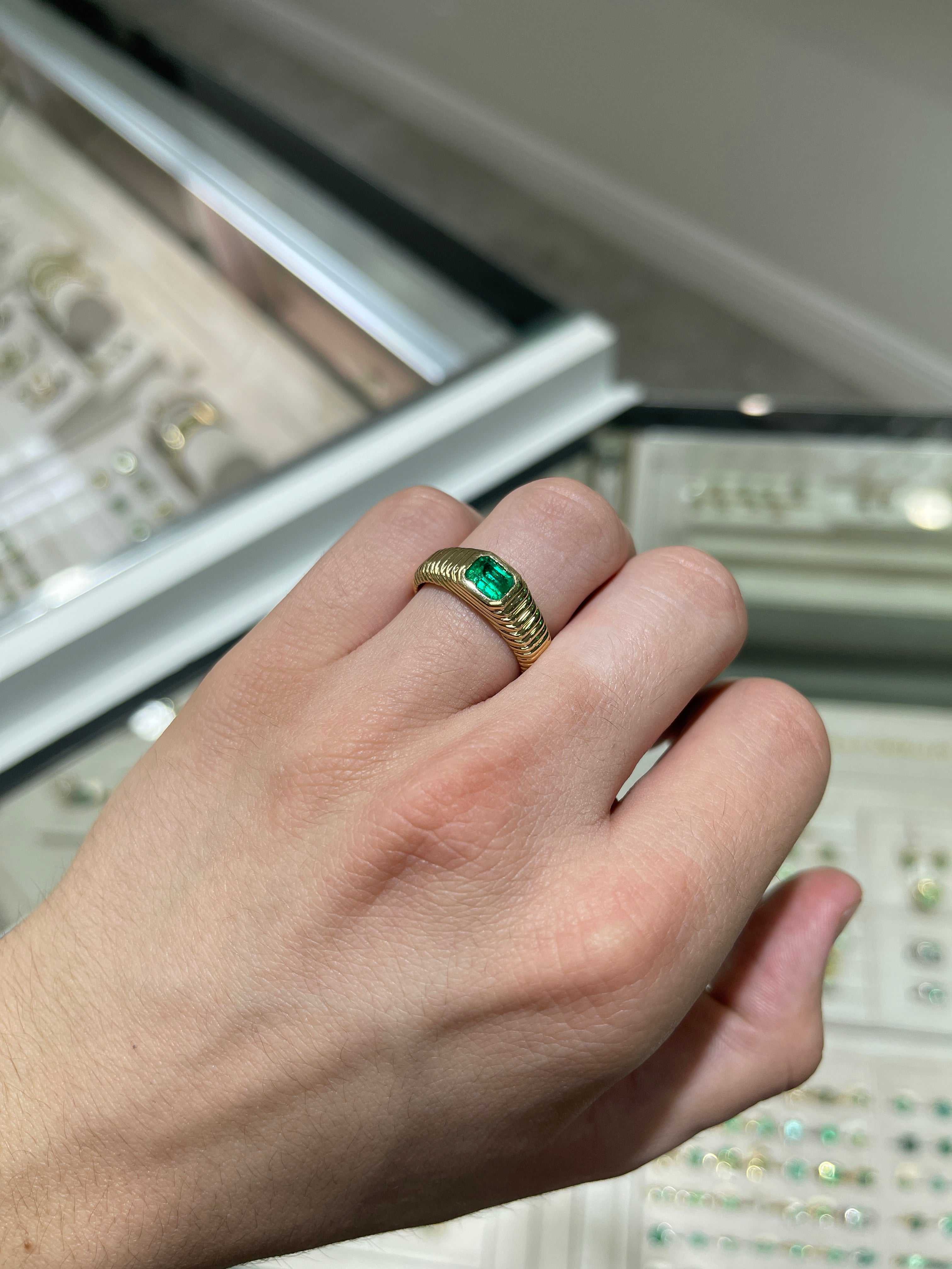Men's 0.81 carat Colombian emerald ring with ribbed 18K yellow gold bezel, size 9, by JR Colombian Emeralds.