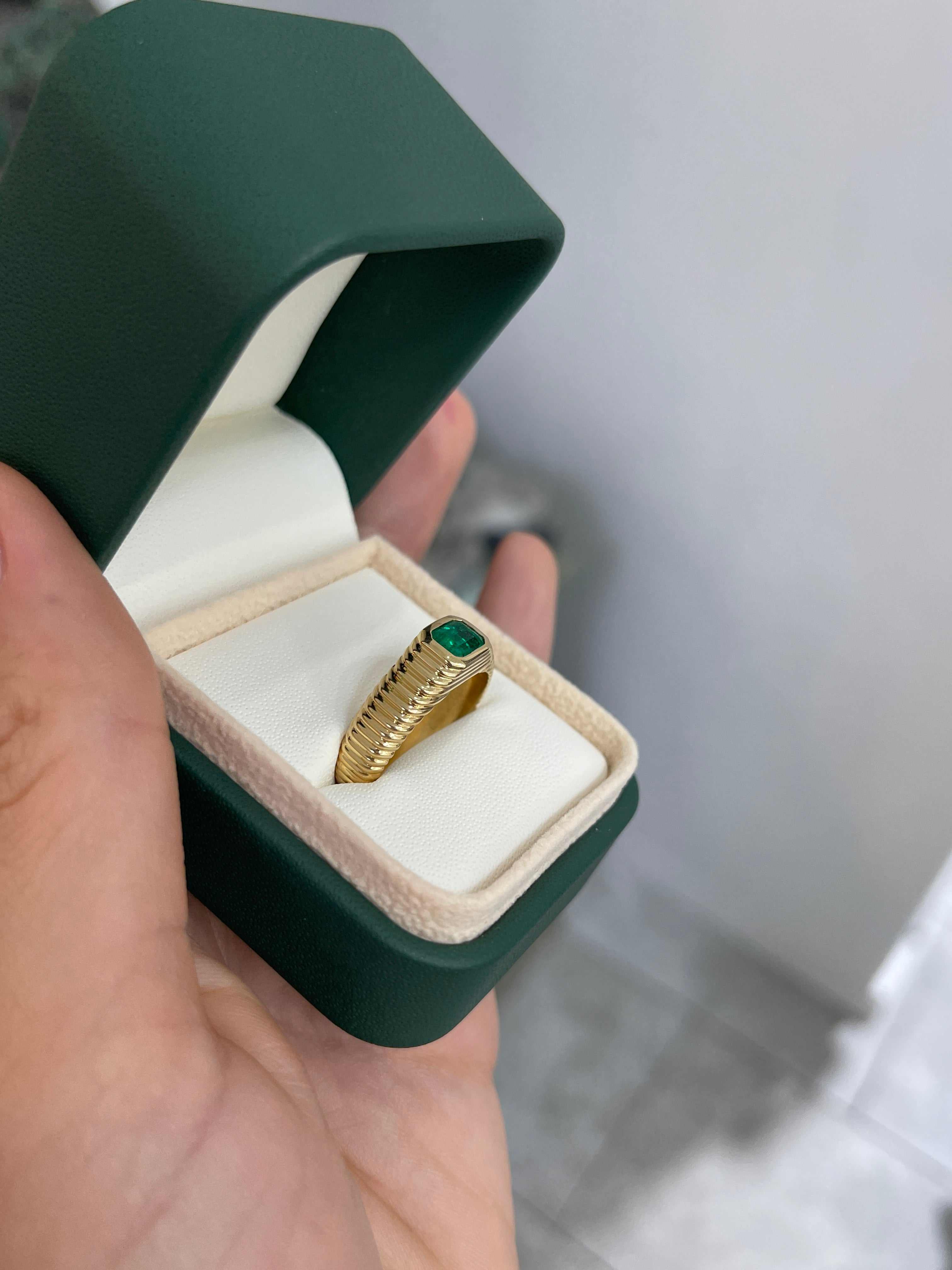 Men's 0.81 Carat Colombian Emerald ring with ribbed 18K yellow gold bezel, size 9, by JR Colombian Emeralds.