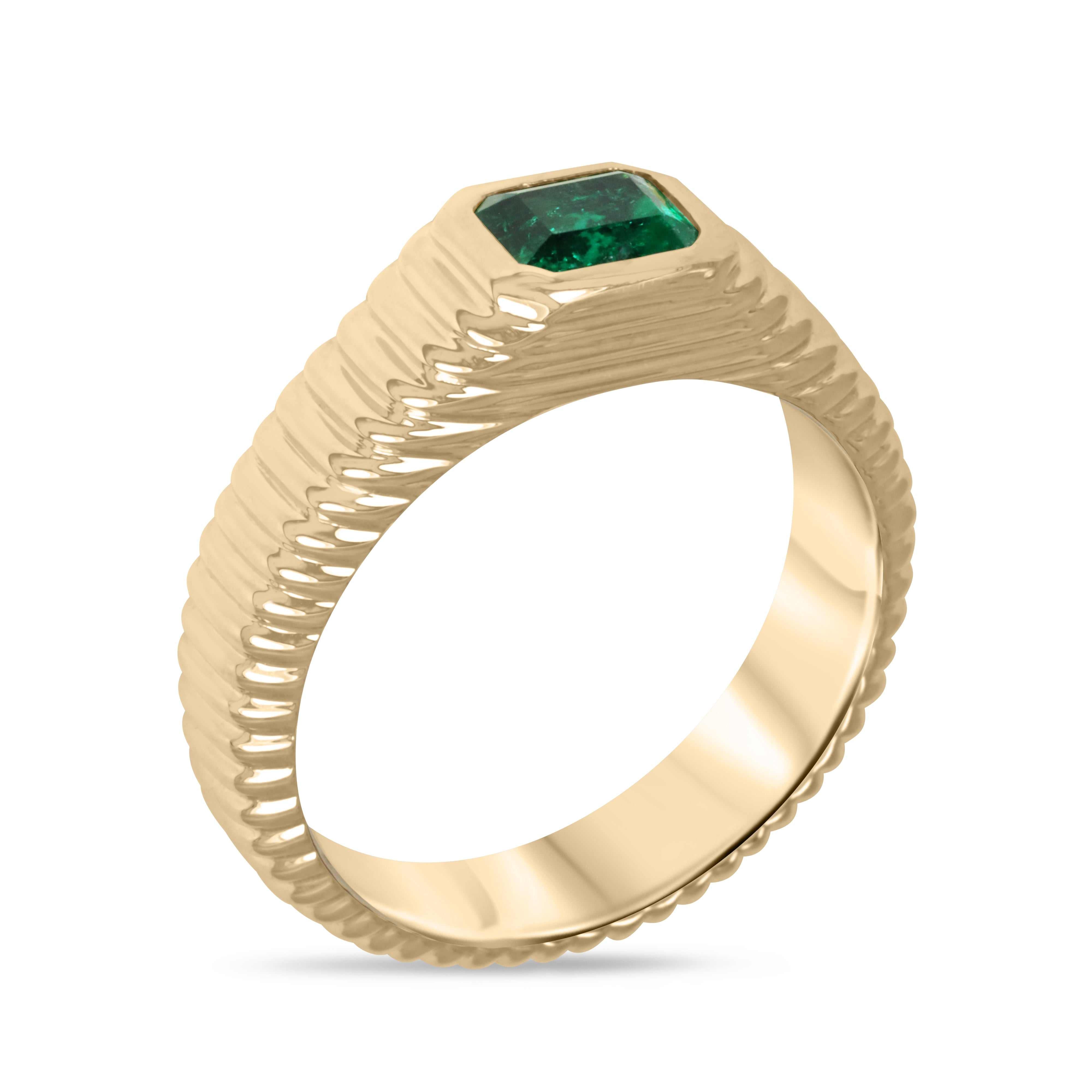 Men's 0.81 carat Colombian emerald ring with ribbed gold bezel in 18K yellow gold, size 9, by JR Colombian Emeralds.