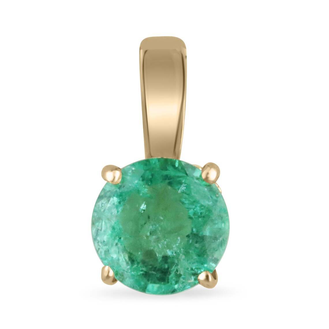 0.90 carat round emerald pendant in 14K yellow gold four prong setting