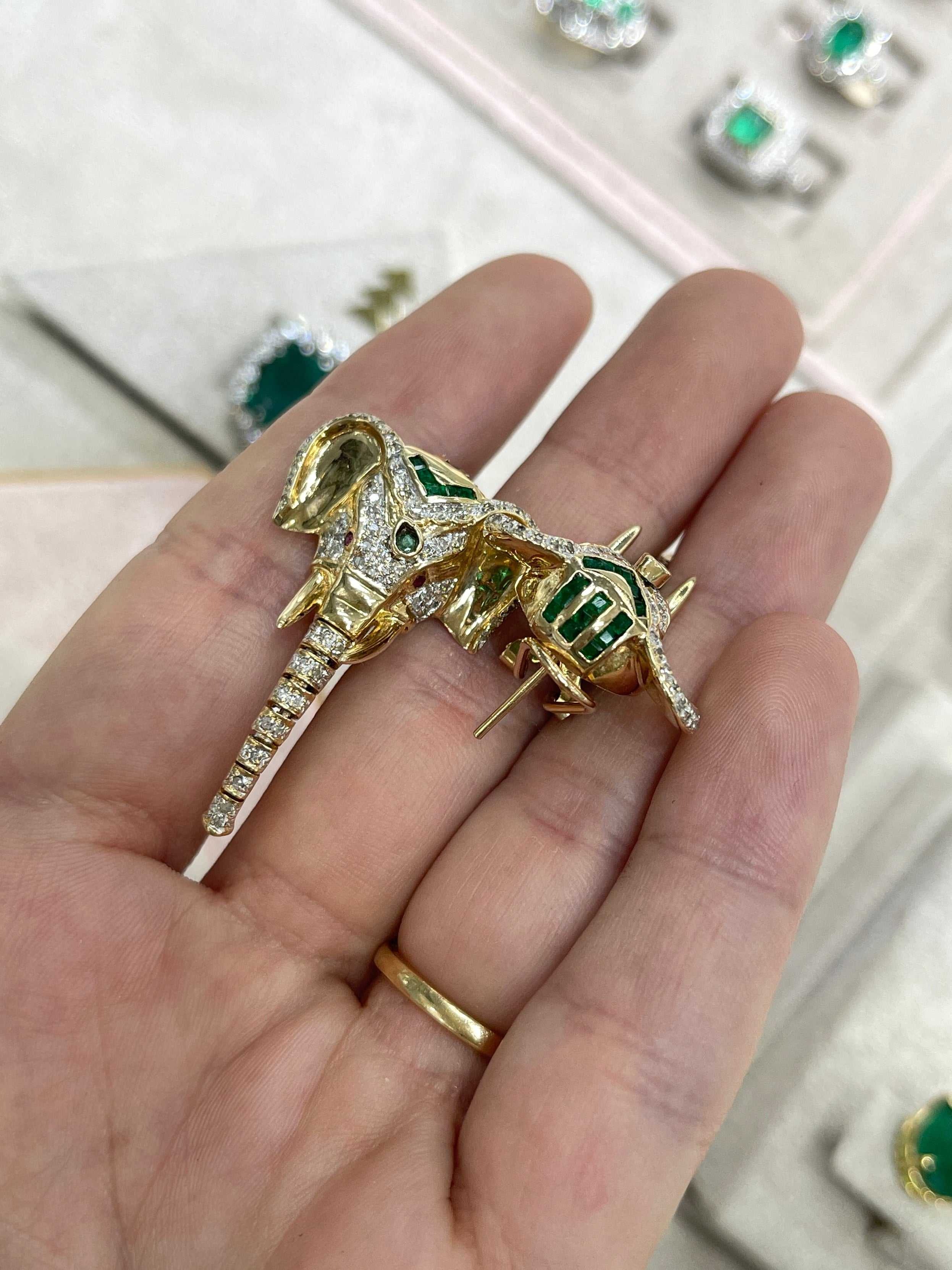 14K Gold Elephant Earrings with Diamonds Rubies Emeralds & Moving Trunk - JR Colombian Emeralds