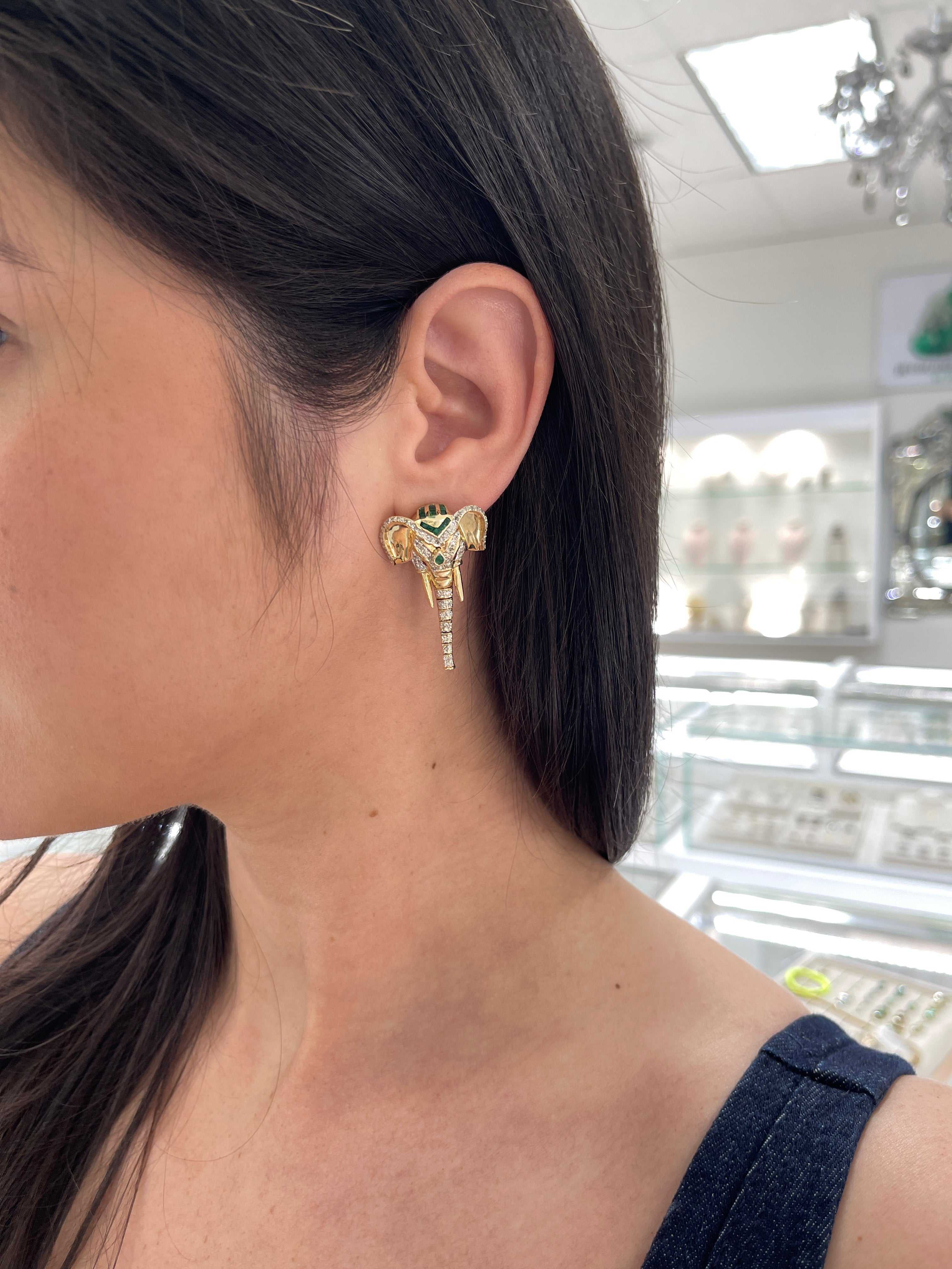 14K Gold Elephant Earrings with Diamonds Rubies Emeralds & Moving Trunk - JR Colombian Emeralds