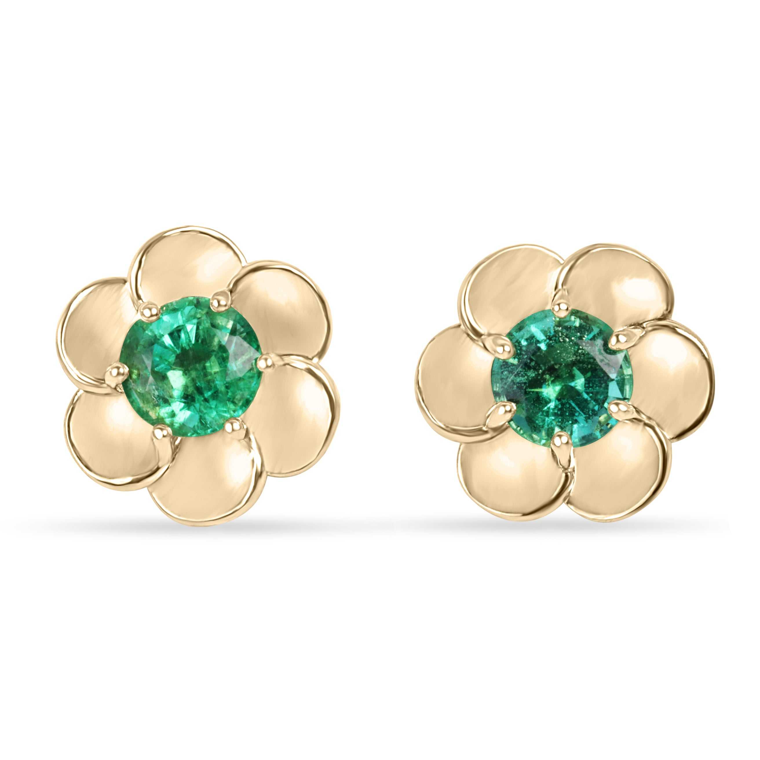 0.91tcw floral emerald stud earrings in 14K yellow gold bezel setting with round green Zambian emeralds