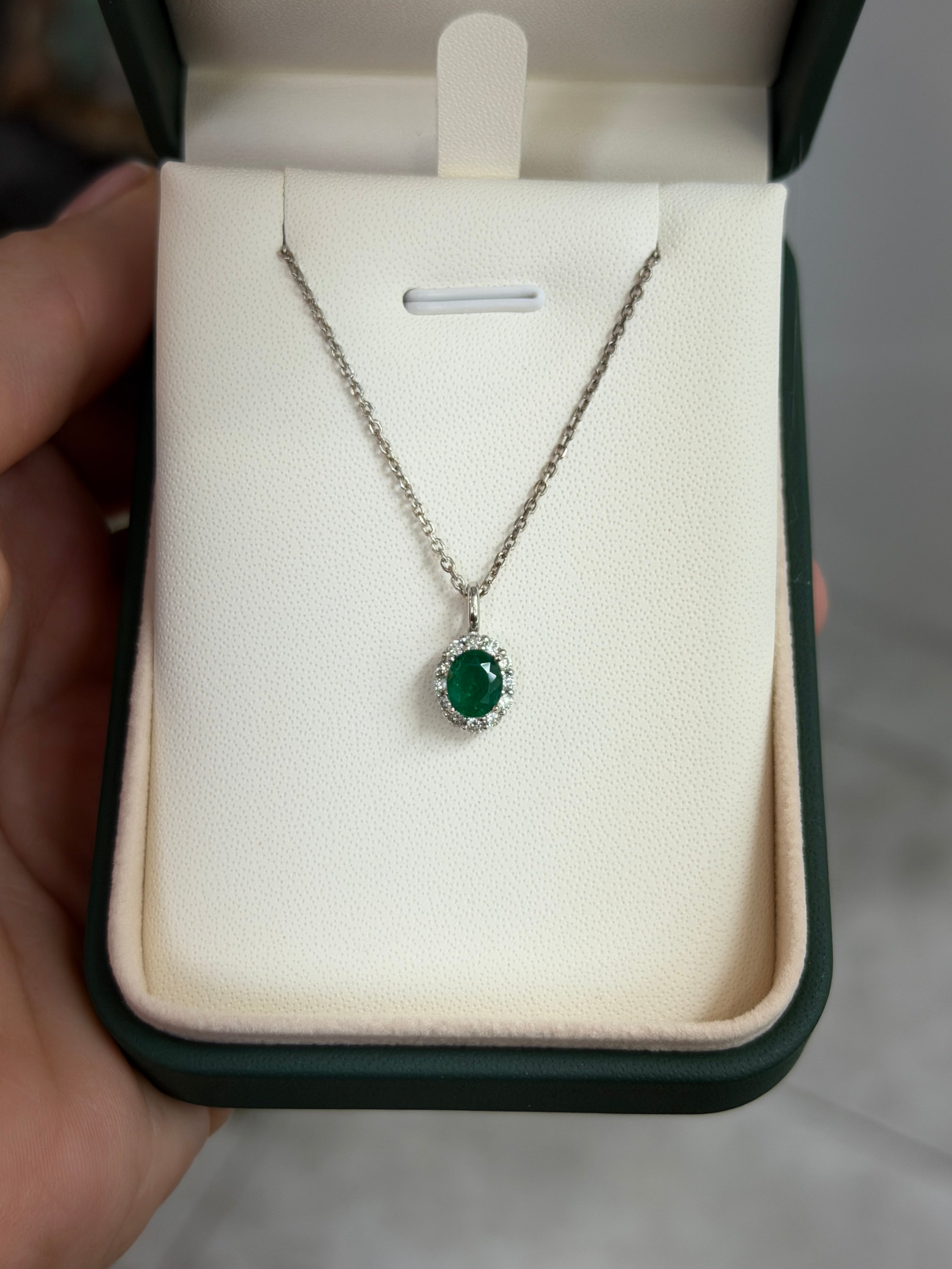 1.01tcw AAA+ Oval Colombian Emerald & Diamond Halo White Gold Necklace 14K - JR Colombian Emeralds