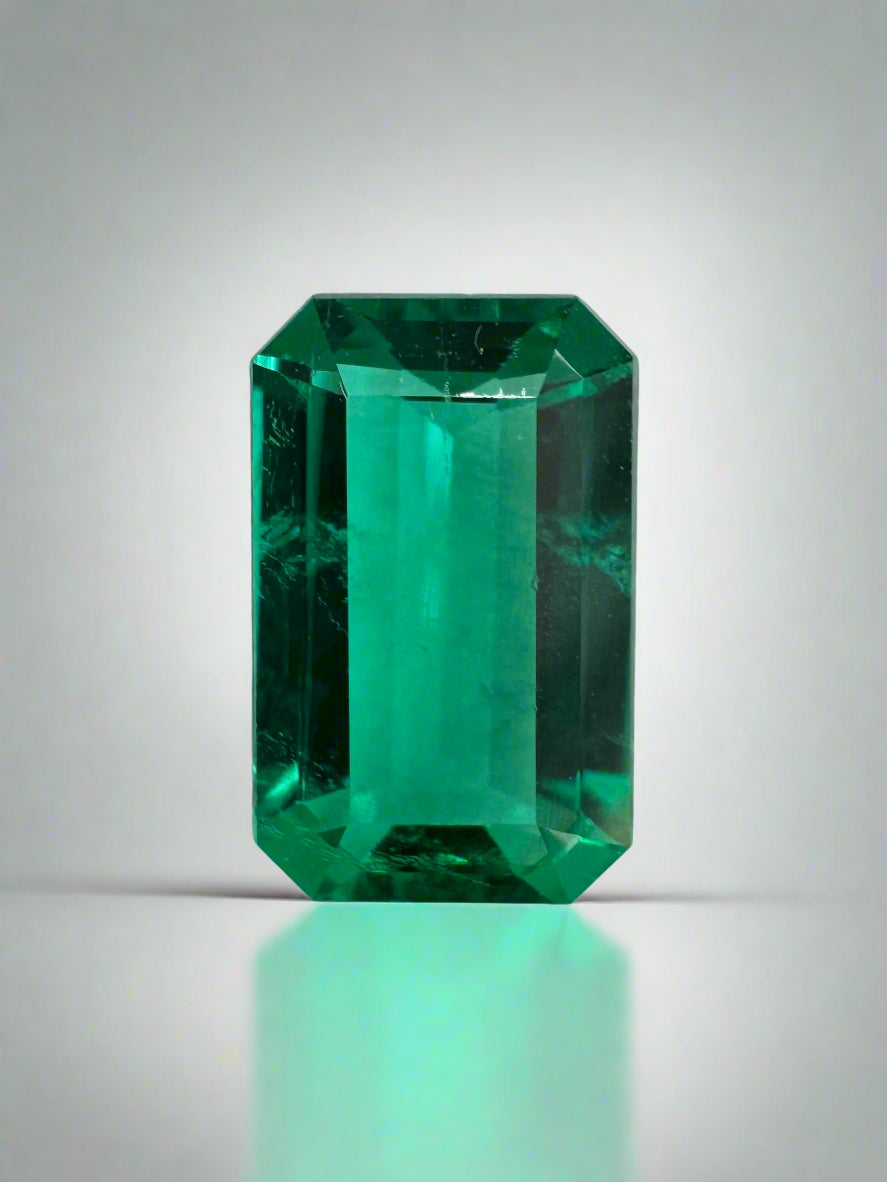 VVS 1.13 Carat Bluish Green Colombian Emerald cut gemstone from JR Colombian Emeralds, crystal clear and vibrant.