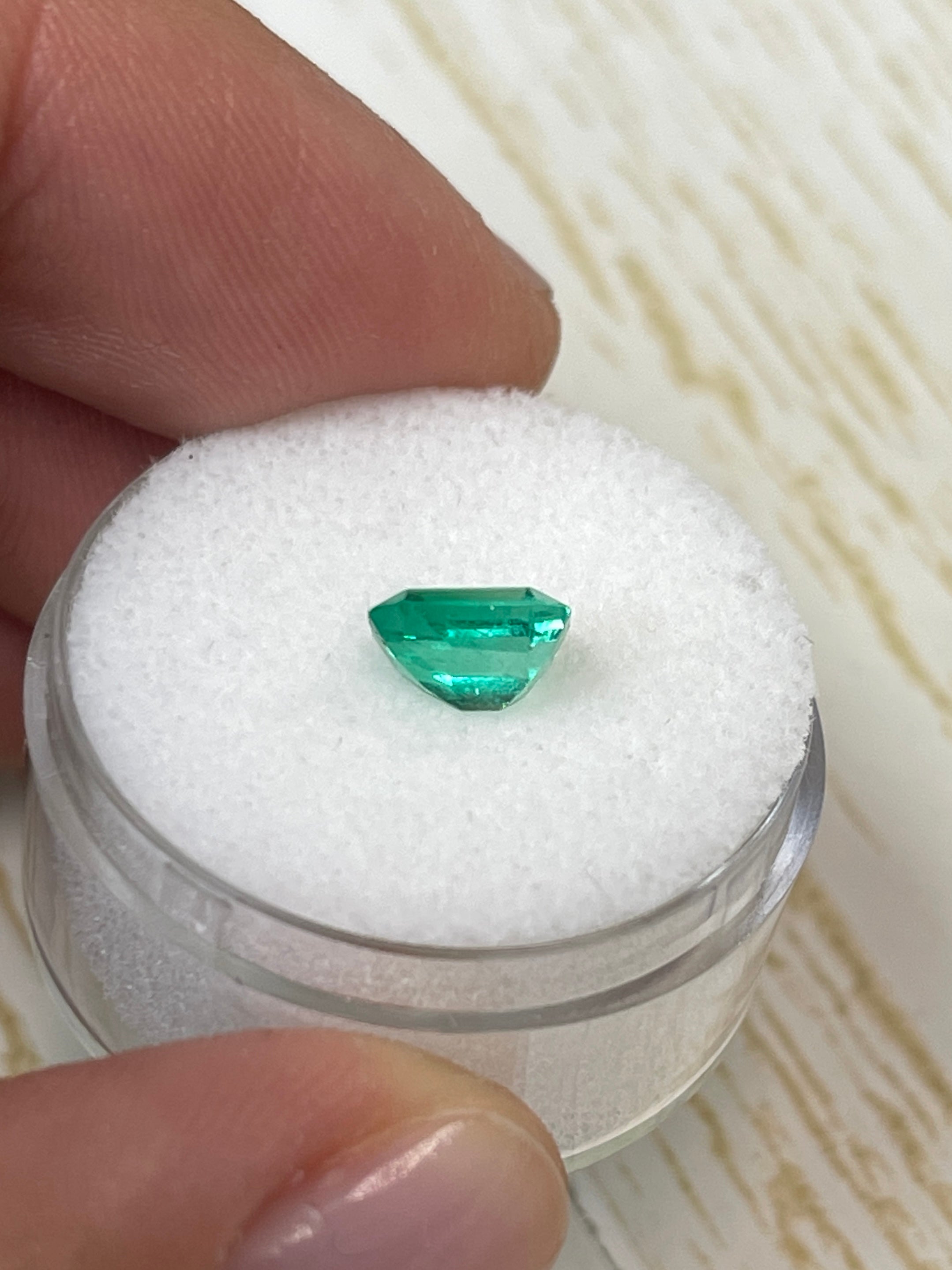Yellowish green natural Colombian emerald loose gemstone, 1.20 carats, emerald cut, from JR Colombian Emeralds.