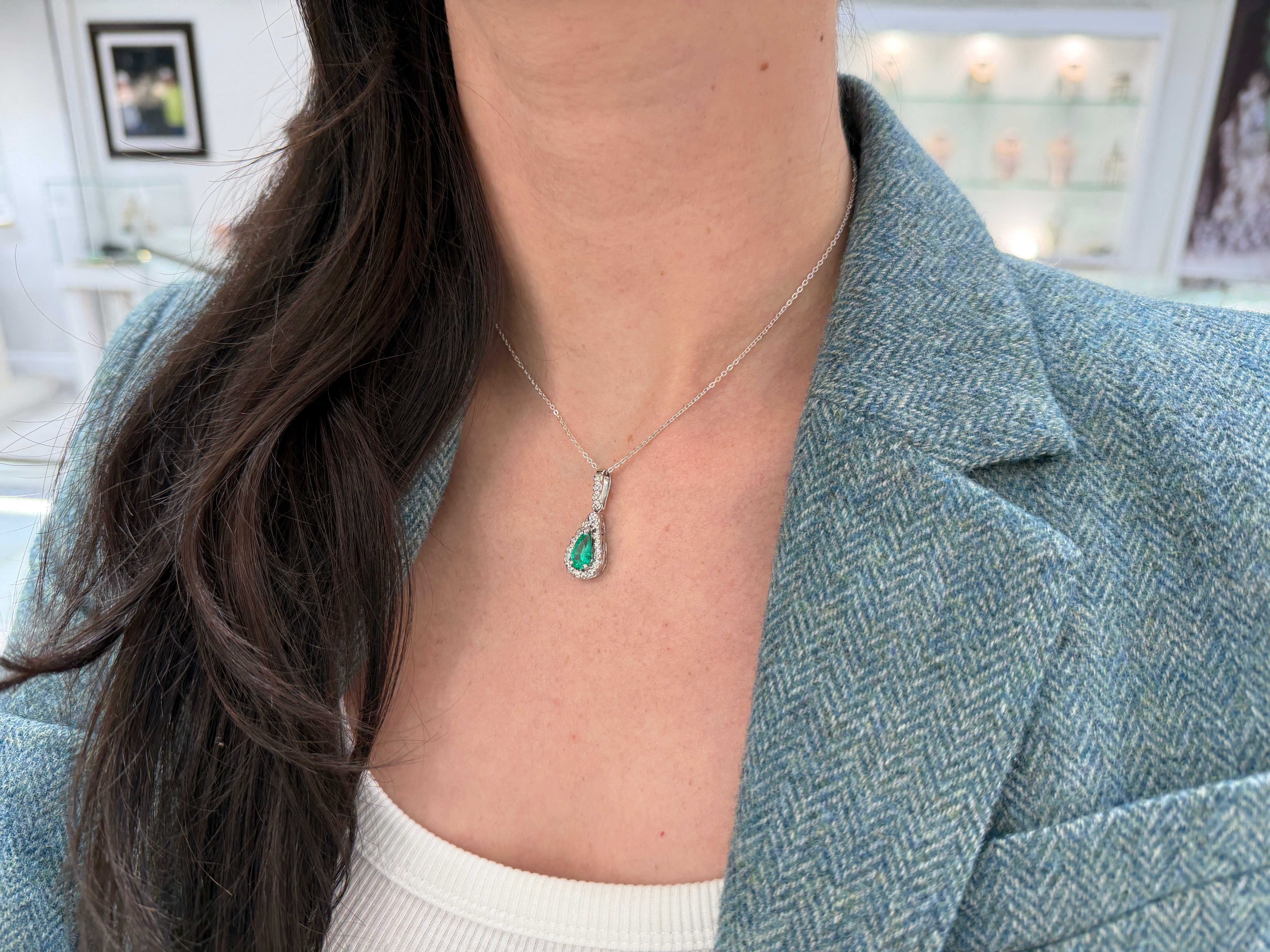 1.22tcw Organic- Hand Made 14K White Gold Colombian Emerald Pear & Diamond Halo Necklace - JR Colombian Emeralds
