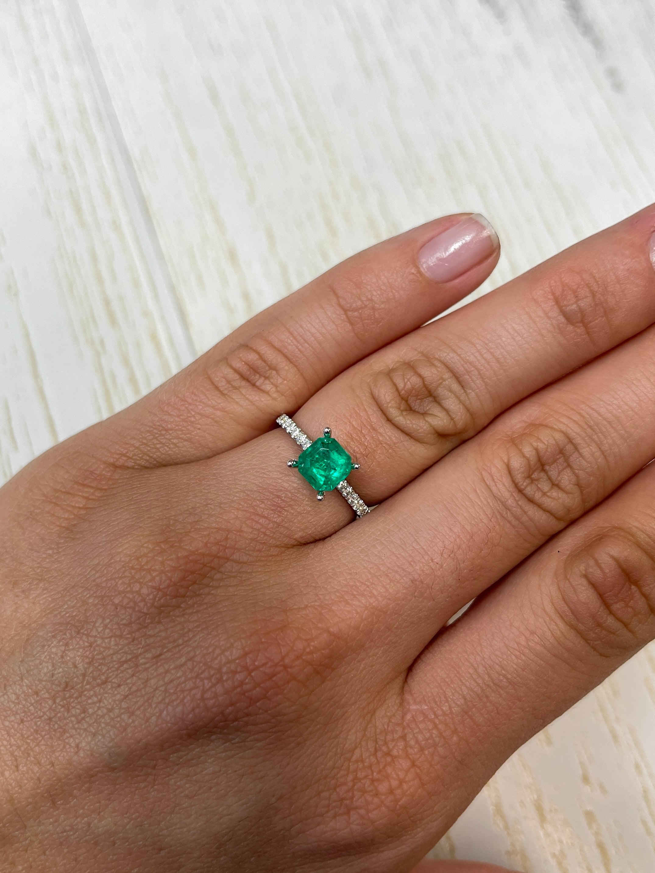 Bluish green 1.24 carat Asscher cut Colombian emerald from JR Colombian Emeralds, natural and unset gemstone.