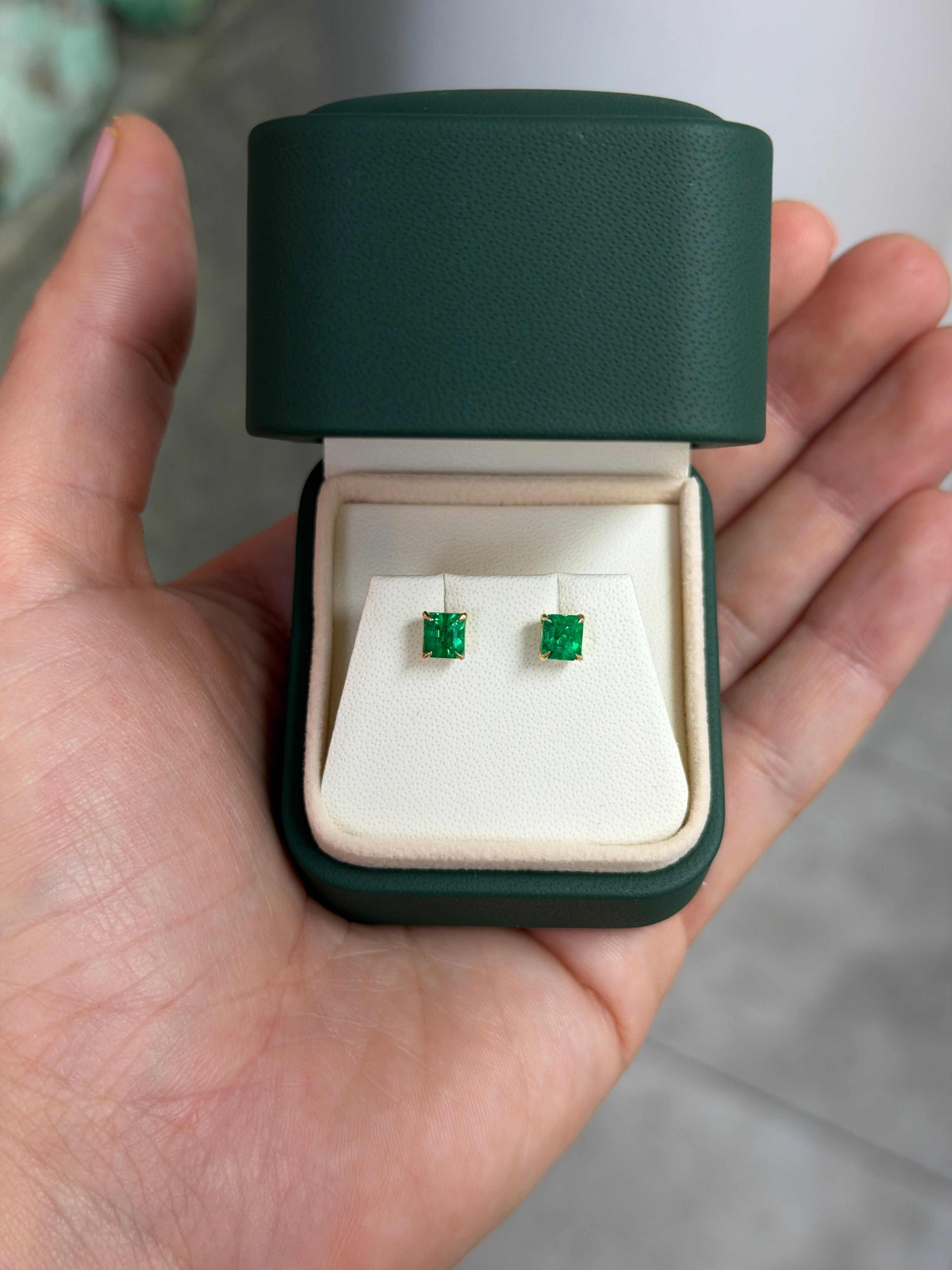 1.26tcw AAA+ Asscher Cut Colombian Emerald Stud Earrings in 18K Yellow Gold Four Prong Setting