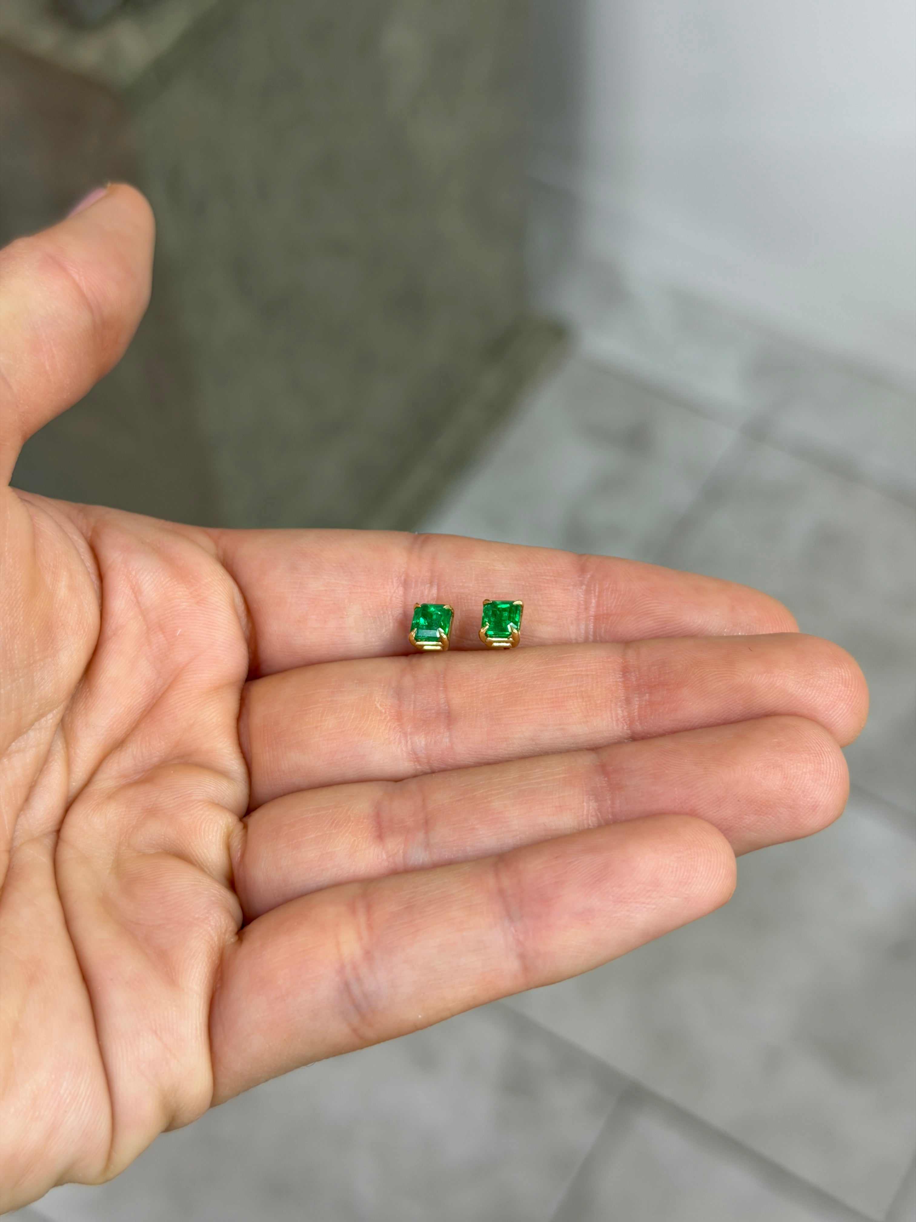 1.26tcw AAA+ Everyday Asscher Cut Colombian Emerald Studs 18K