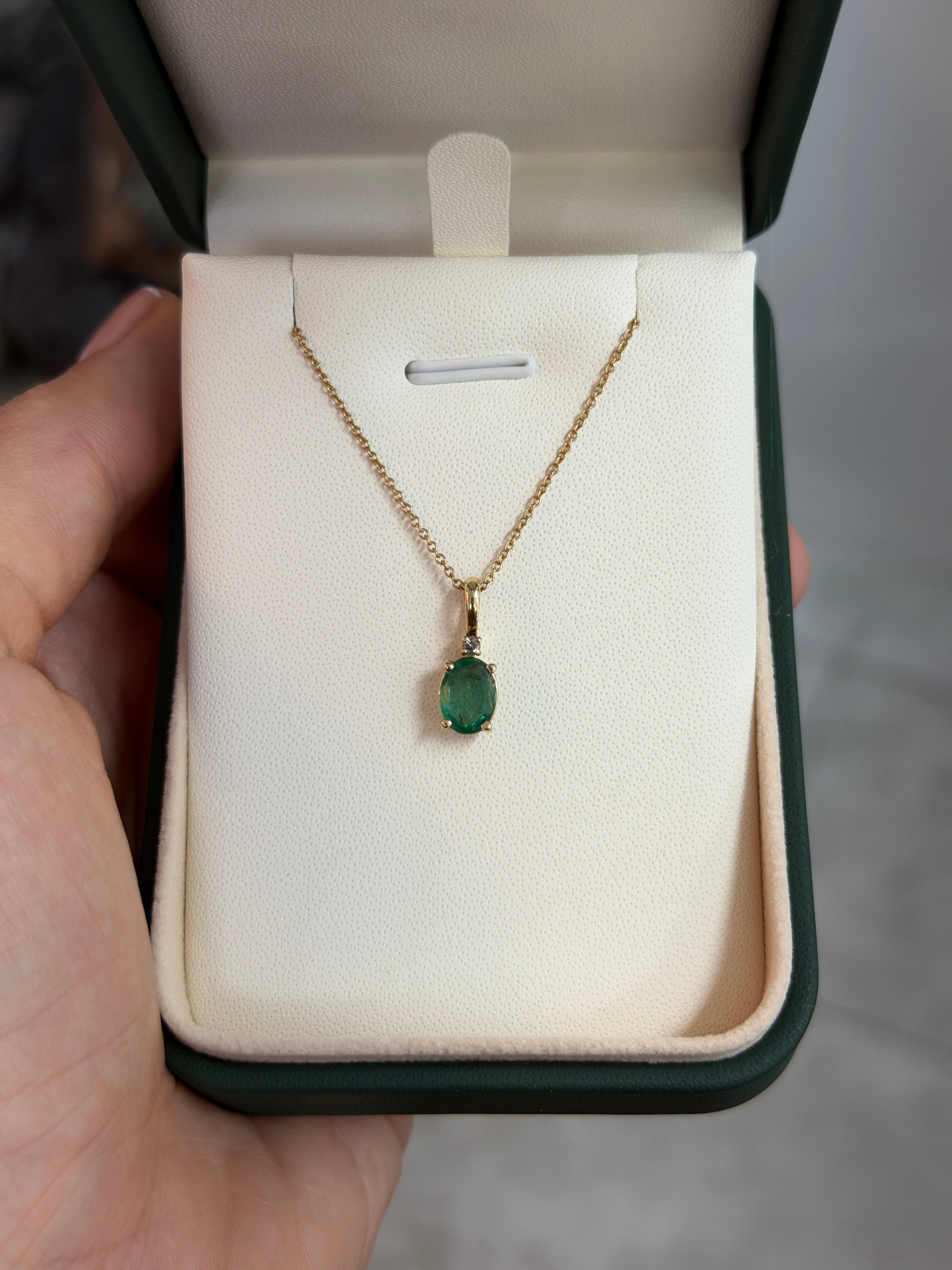 14K yellow gold pendant necklace with 1.30tcw oval cut natural emerald and diamond accents by JR Colombian Emeralds