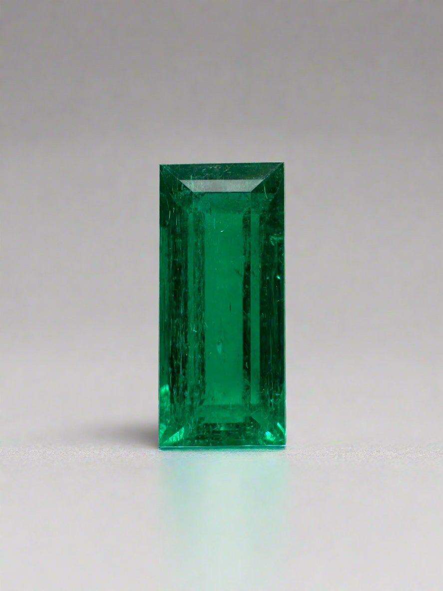 1.38 carat AAA+ Muzo Colombian emerald loose baguette gemstone from JR Colombian Emeralds, natural green jewel with rectangular cut.