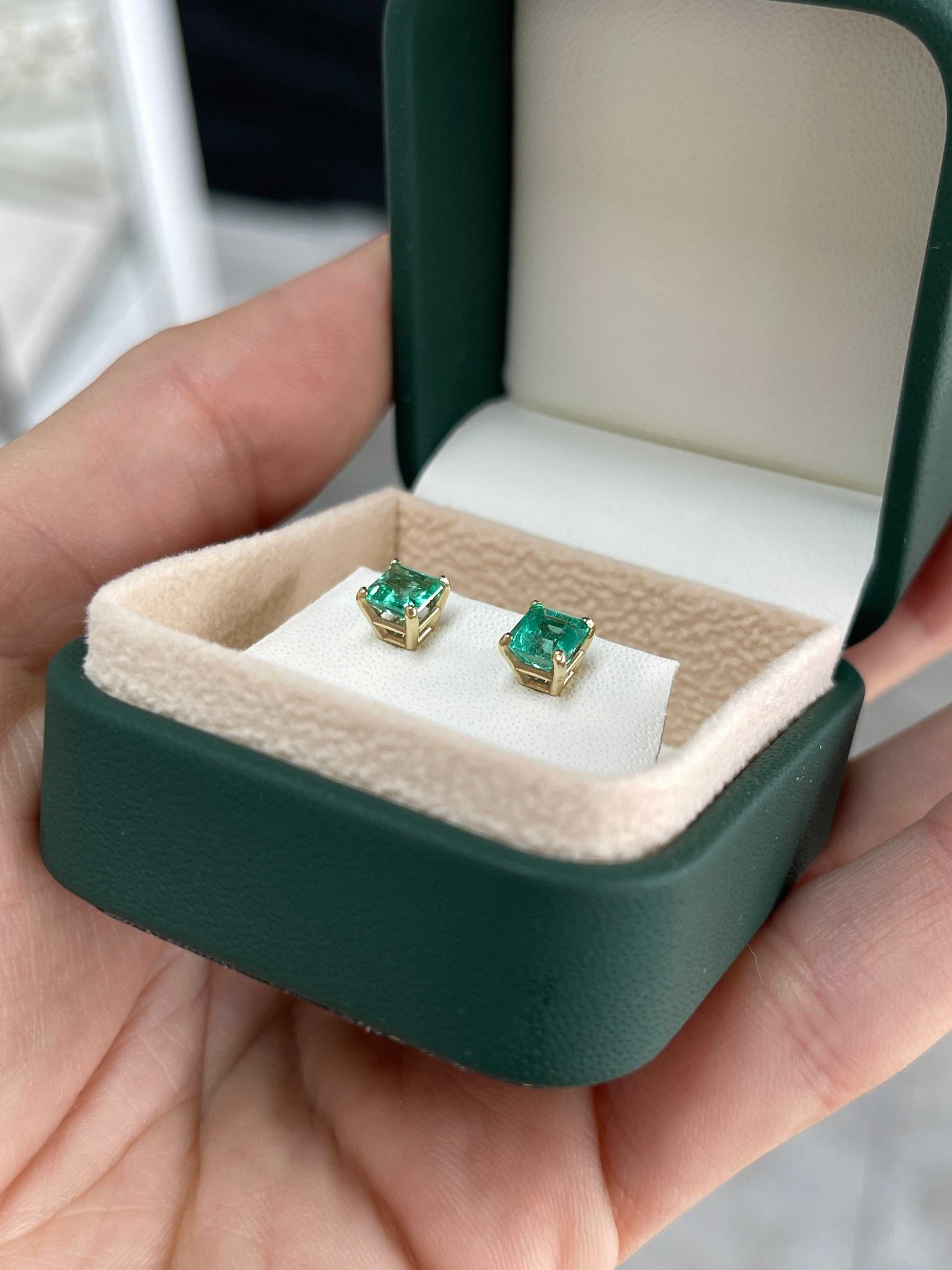 1.39tcw Vibrant Asscher Cut Colombian Emerald Studs 14K Yellow Gold - JR Colombian Emeralds