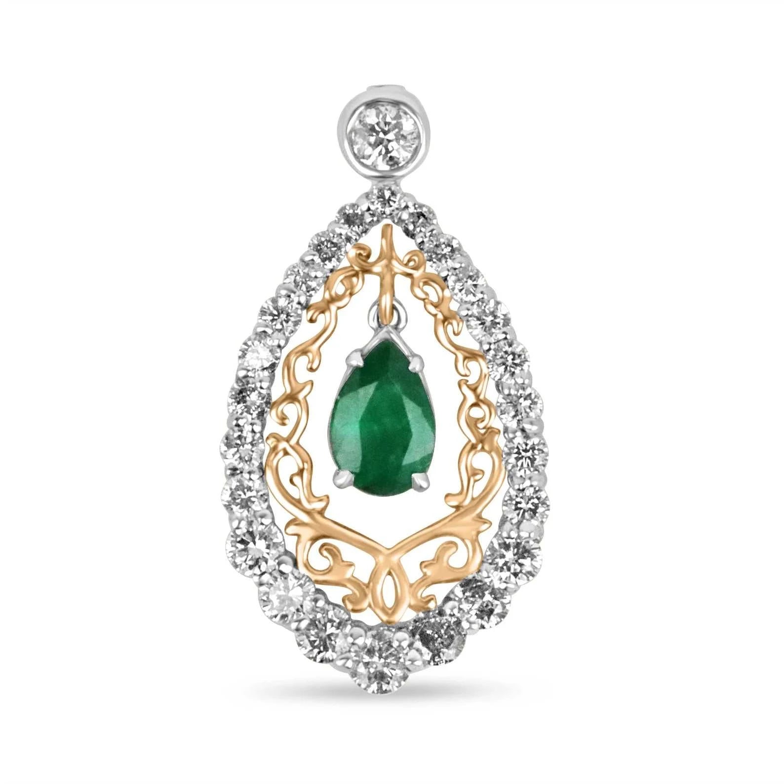 Pear-shaped emerald and diamond statement necklace in 14K two-tone gold by JR Colombian Emeralds