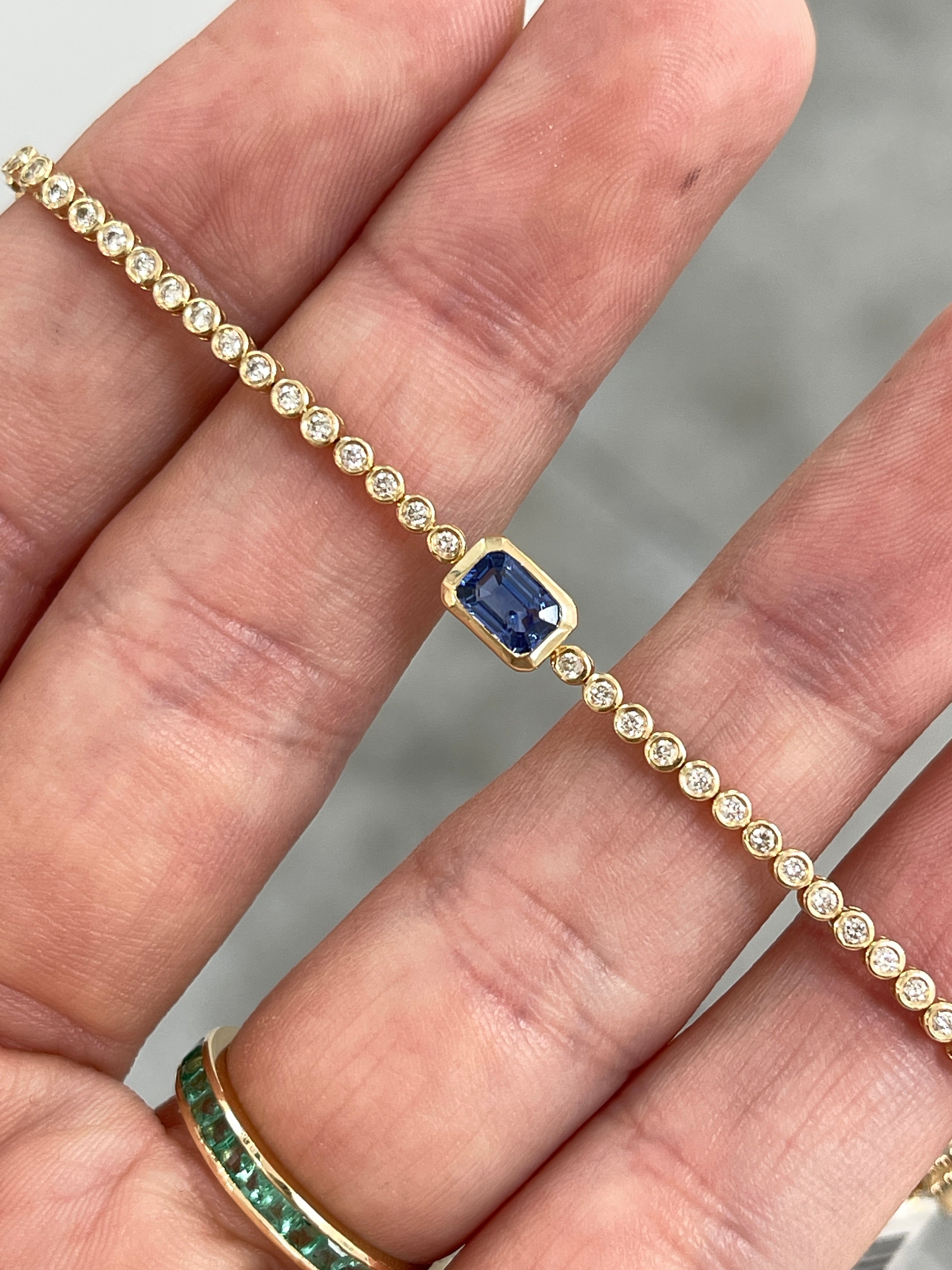 1.46tcw Bezel Set Pastel Blue Sapphire & Diamond Tennis Bracelet 14K- 7 inches - JR Colombian Emeralds