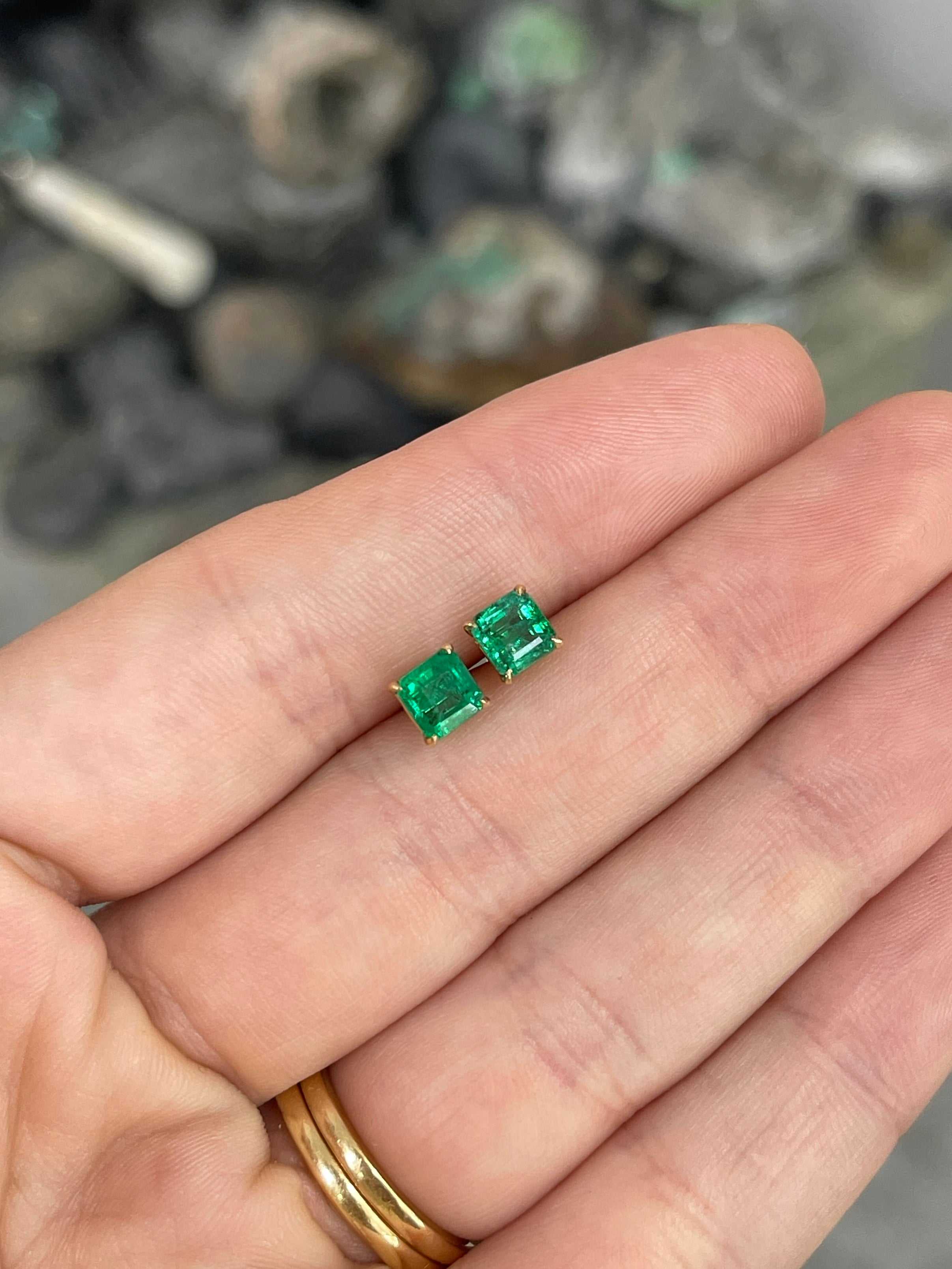 1.48tcw Deep Green Zambian Emerald Asscher Cut Stud Earring 14K