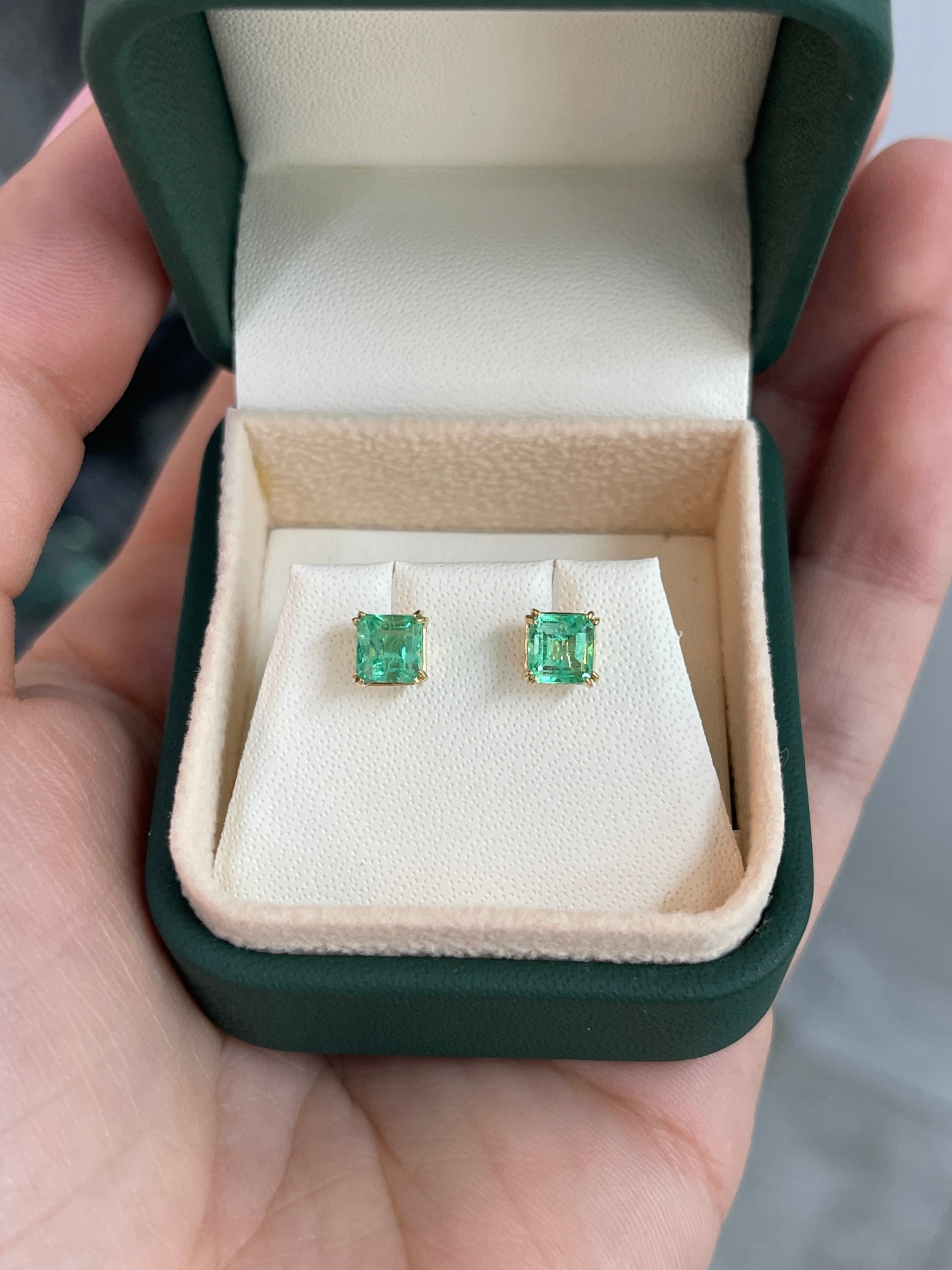 1.48tcw 14K 5x5 Light Green Colombian Emerald Asscher Cut Double Claw Stud Earring - JR Colombian Emeralds
