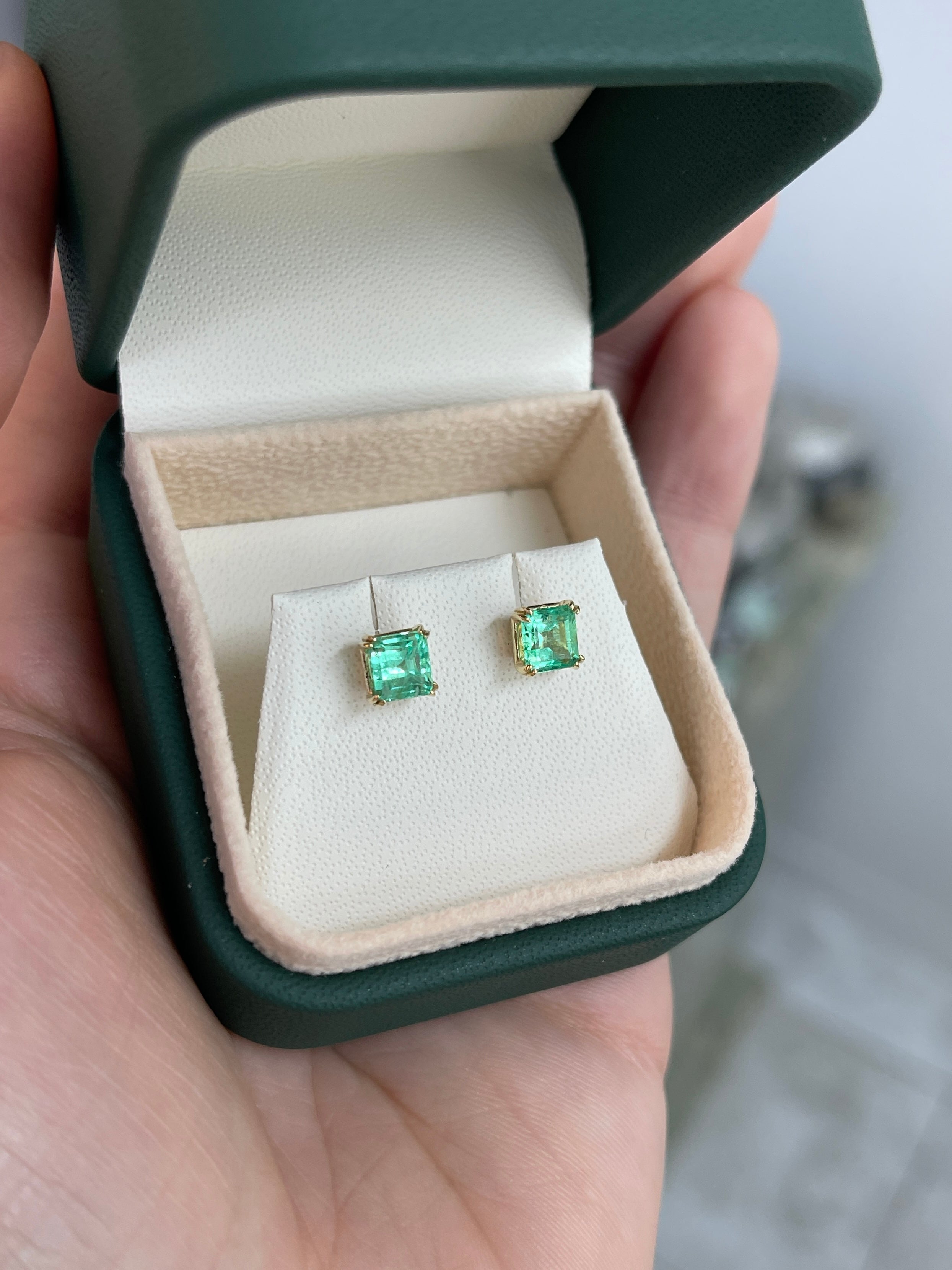 1.48tcw 14K 5x5 Light Green Colombian Emerald Asscher Cut Double Claw Stud Earring - JR Colombian Emeralds