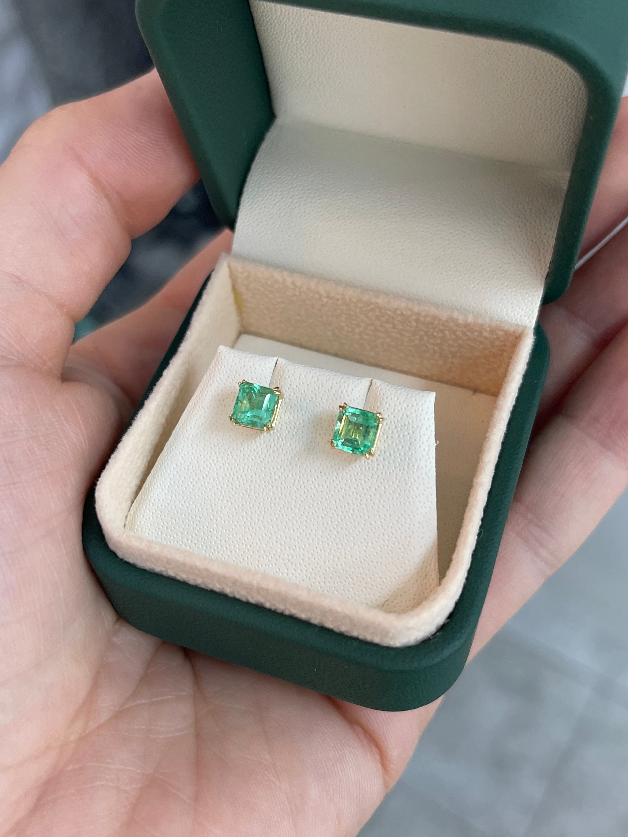 1.48tcw 14K 5x5 Light Green Colombian Emerald Asscher Cut Double Claw Stud Earring - JR Colombian Emeralds