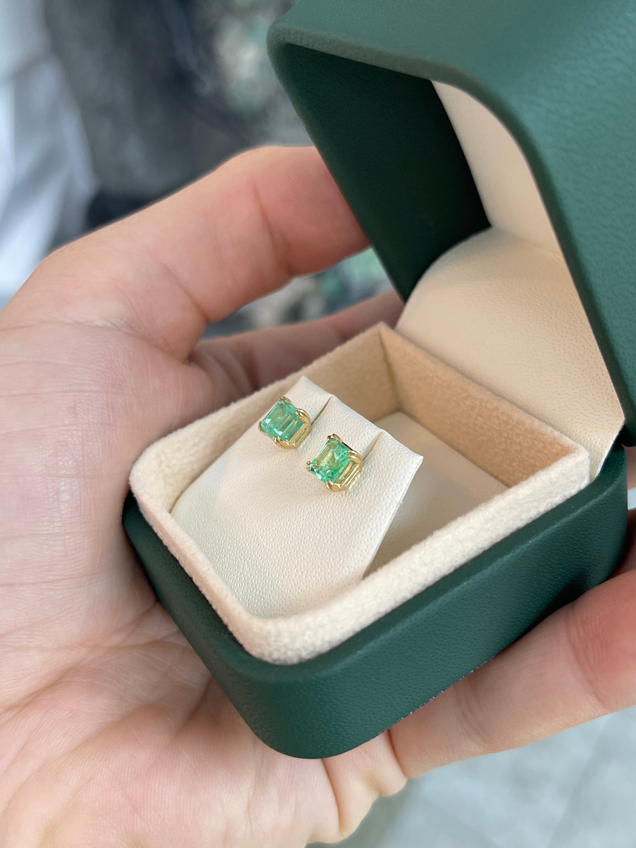 1.48tcw 14K 5x5 Light Green Colombian Emerald Asscher Cut Double Claw Stud Earring - JR Colombian Emeralds