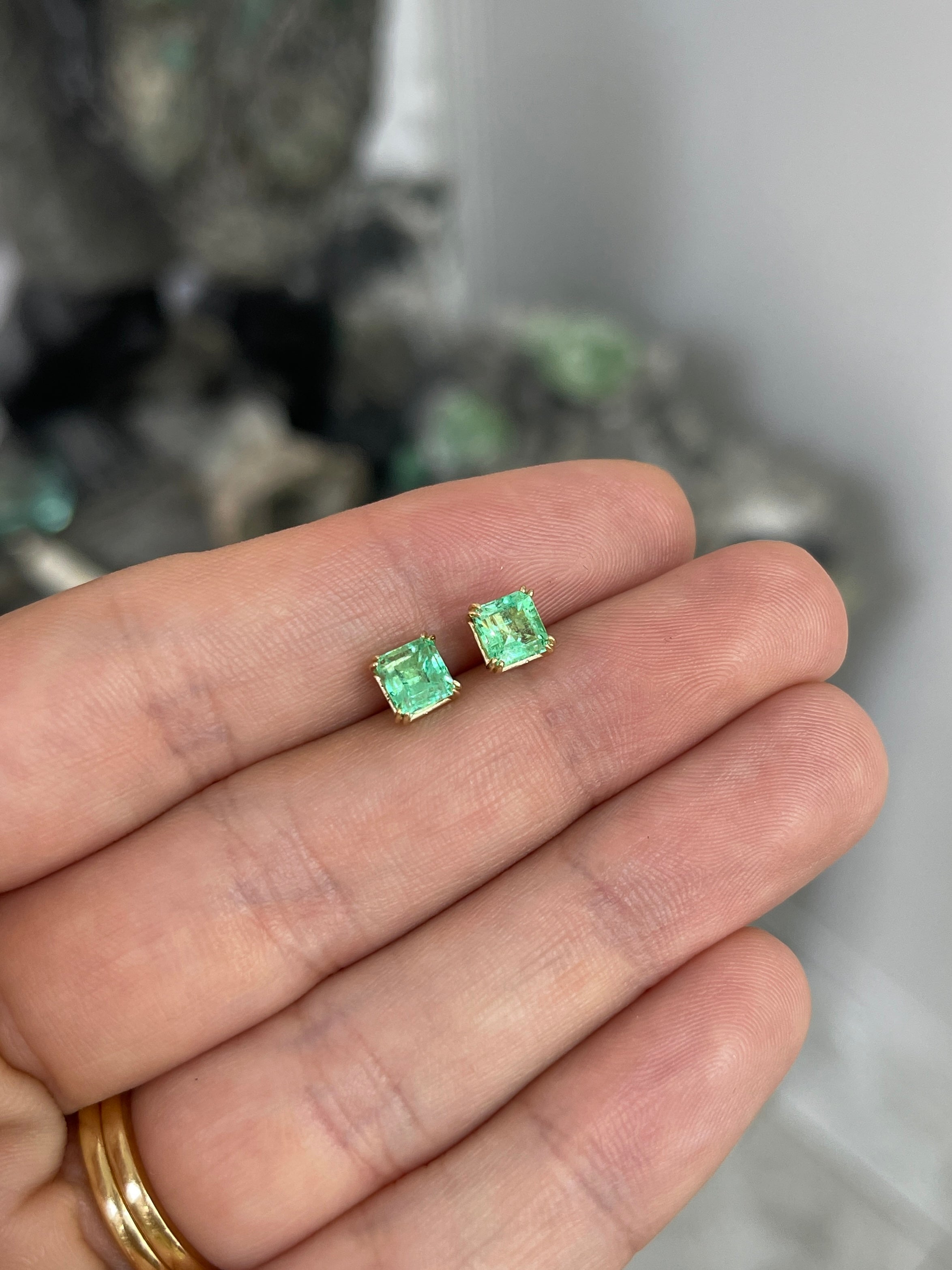 1.48tcw 14K 5x5 Light Green Colombian Emerald Asscher Cut Double Claw Stud Earring - JR Colombian Emeralds