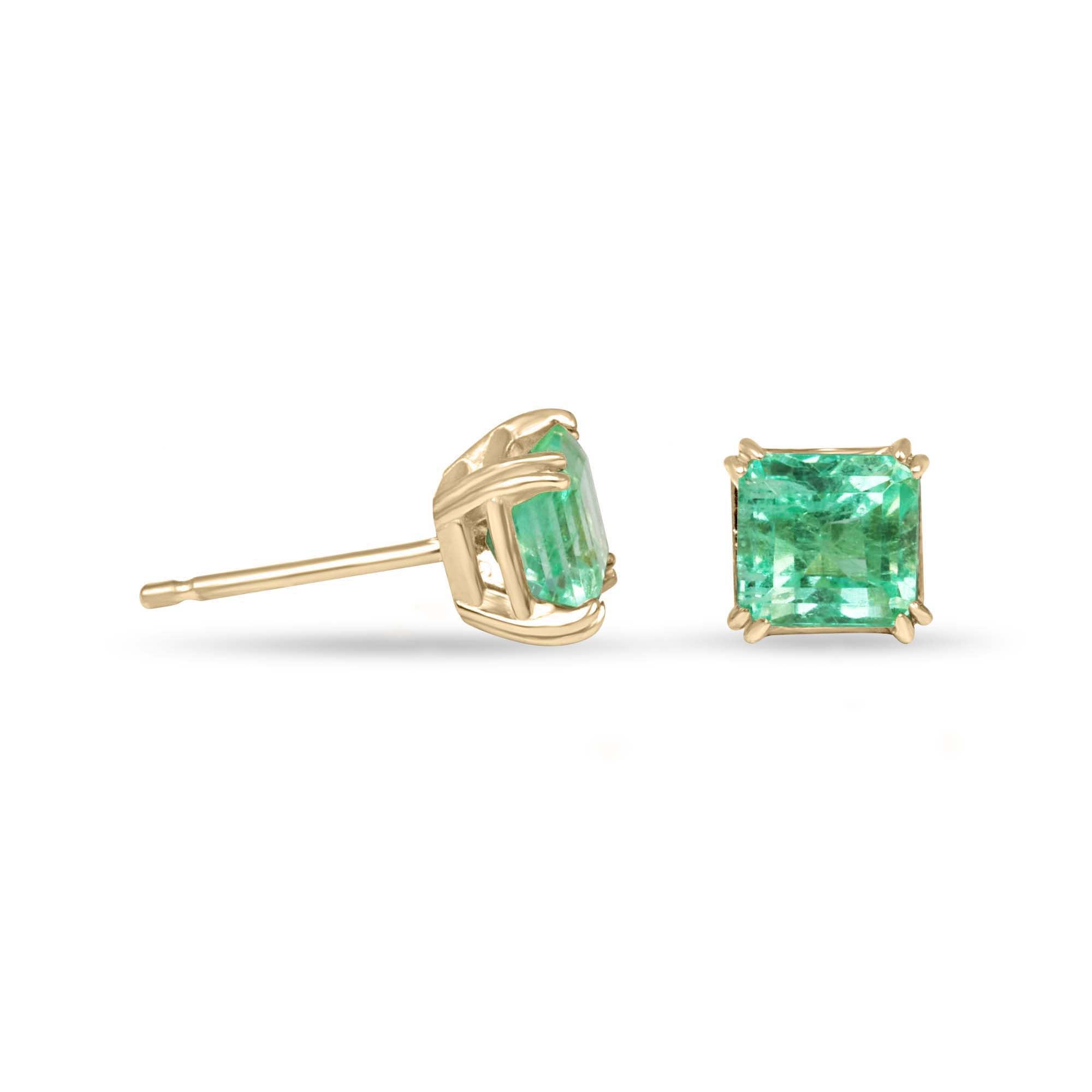 1.48tcw 14K 5x5 Light Green Colombian Emerald Asscher Cut Double Claw Stud Earring - JR Colombian Emeralds