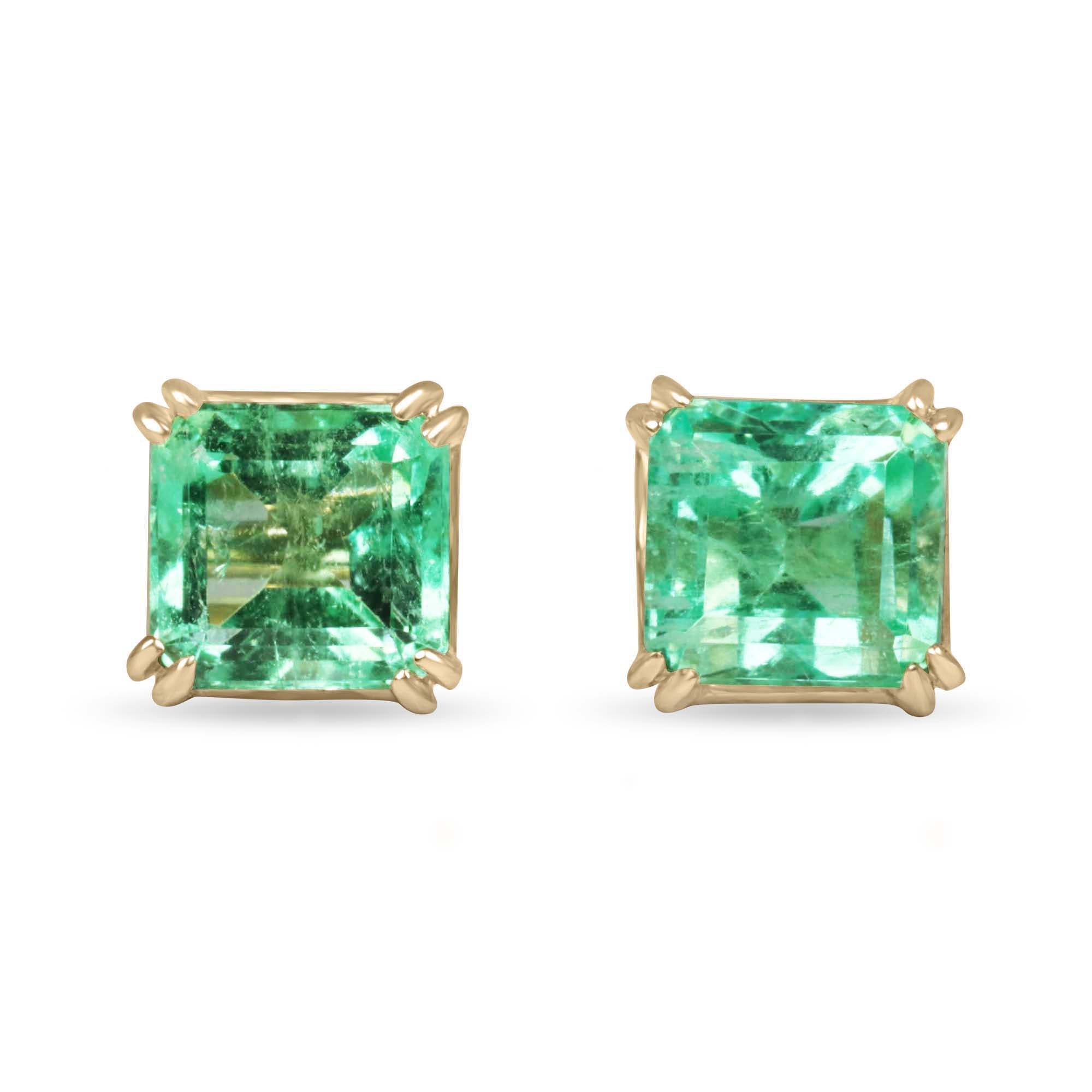 1.48tcw 14K 5x5 Light Green Colombian Emerald Asscher Cut Double Claw Stud Earring - JR Colombian Emeralds