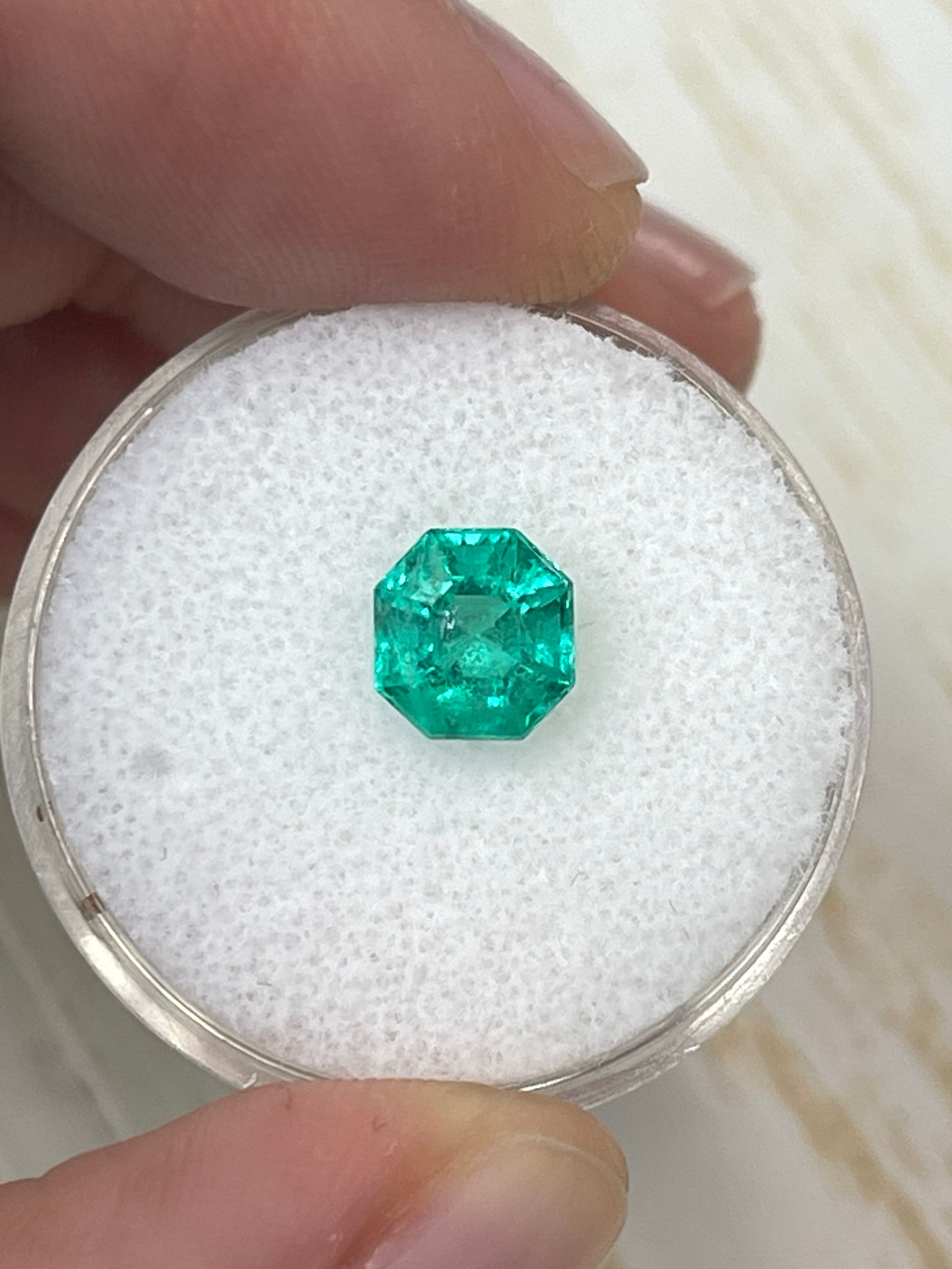 Bluish green 1.50 carat octagon cut Colombian emerald gemstone, natural and unset, from JR Colombian Emeralds.