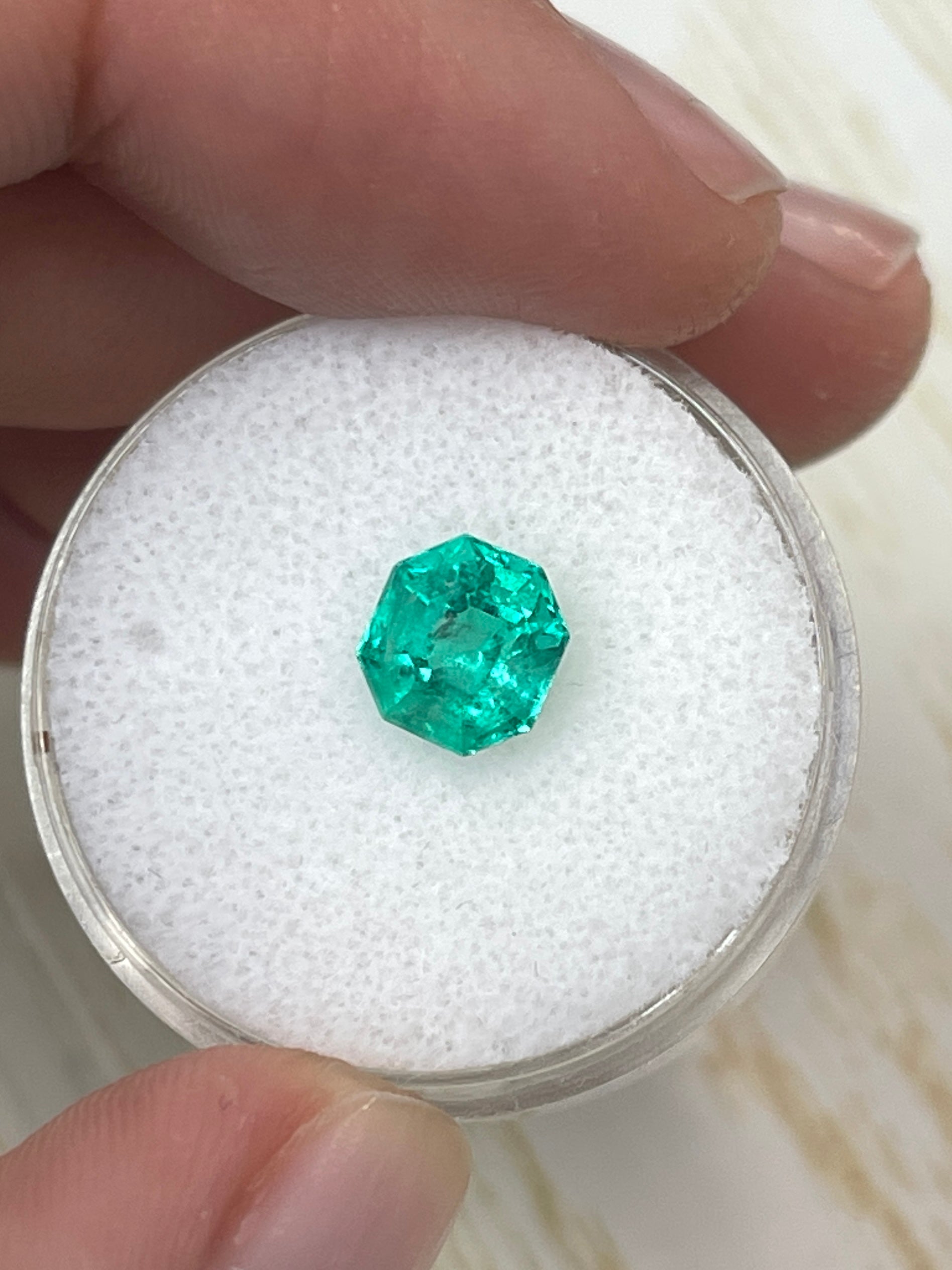 Bluish green 1.50 carat octagon cut Colombian emerald gemstone, natural and unset, from JR Colombian Emeralds.