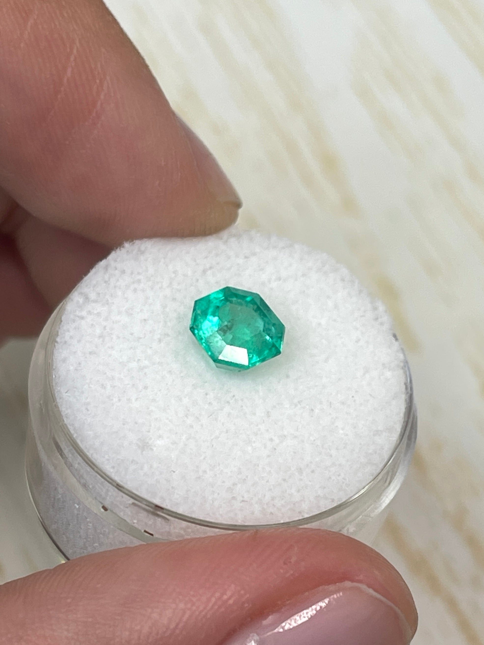 Bluish green 1.50 carat octagon cut Colombian emerald gemstone by JR Colombian Emeralds, natural unset gemstone.