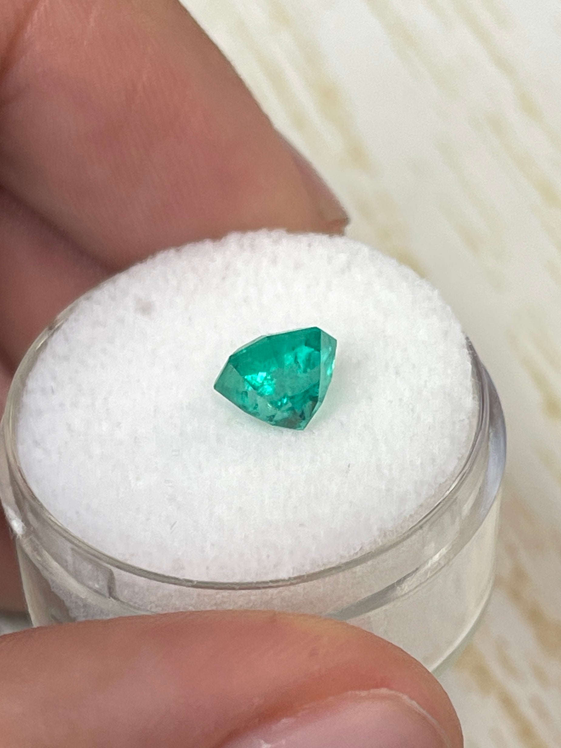 Bluish green 1.50 carat octagon cut Colombian emerald gemstone, natural and unset, from JR Colombian Emeralds.