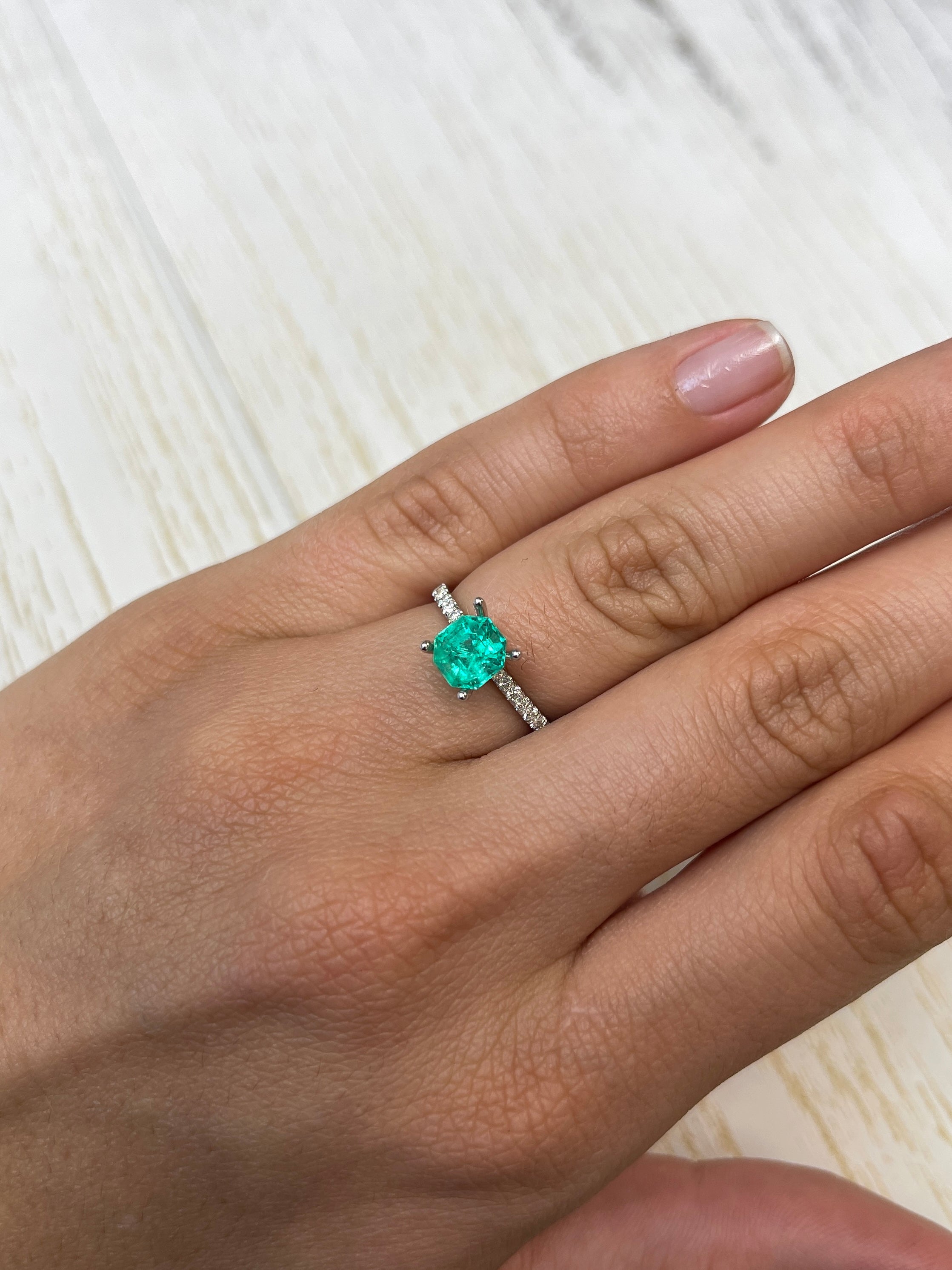 Bluish green 1.50 carat octagon cut Colombian emerald by JR Colombian Emeralds, natural and unset gemstone.