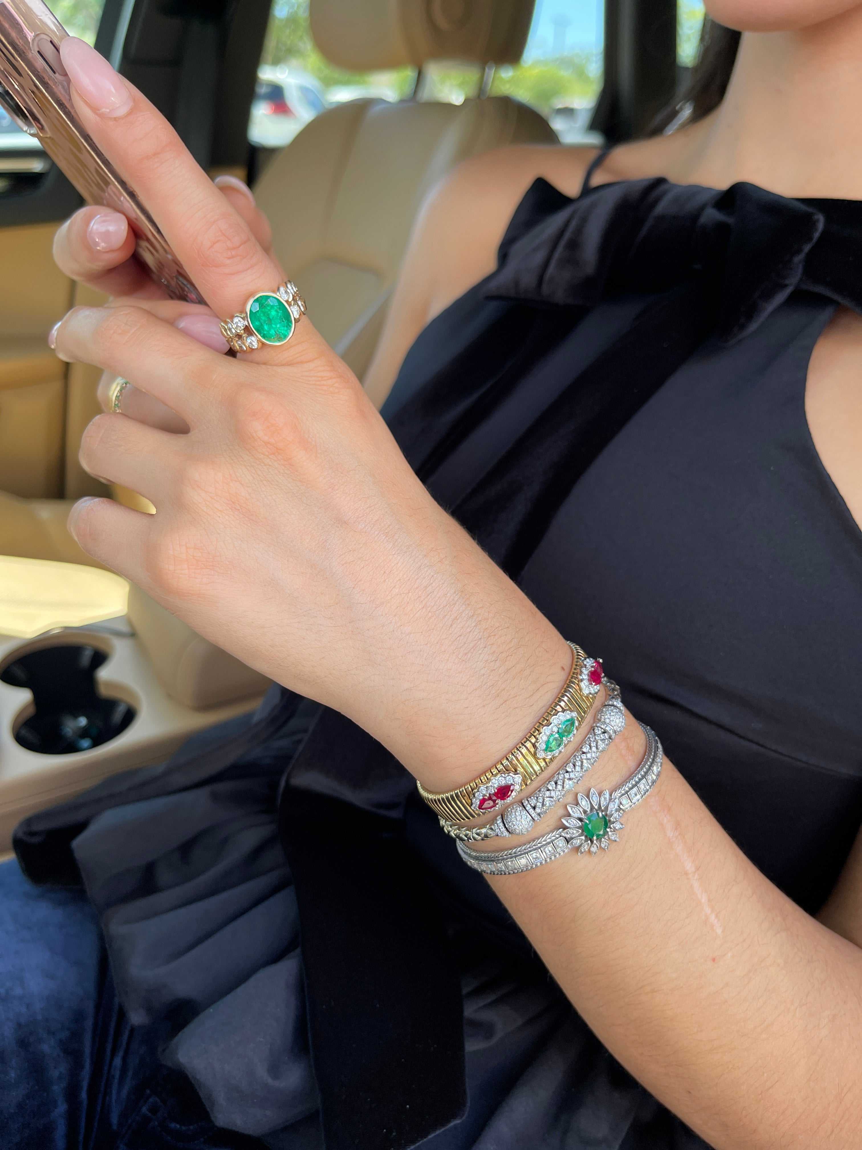 Vintage 1920s Colombian Emerald & Diamond Floral Bangle Bracelet in 14K White Gold - JR Colombian Emeralds