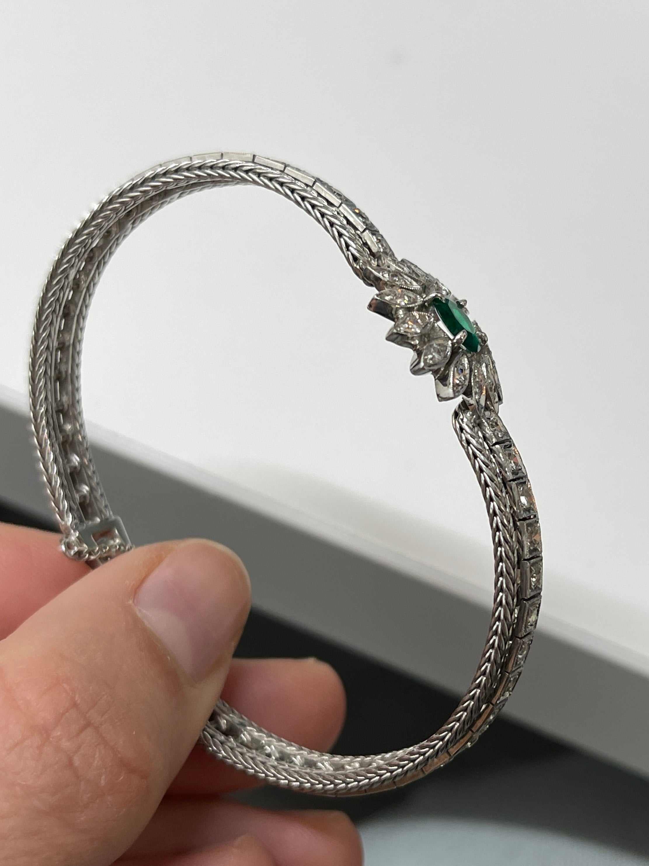 Vintage 1920s Colombian Emerald & Diamond Floral Bangle Bracelet in 14K White Gold - JR Colombian Emeralds