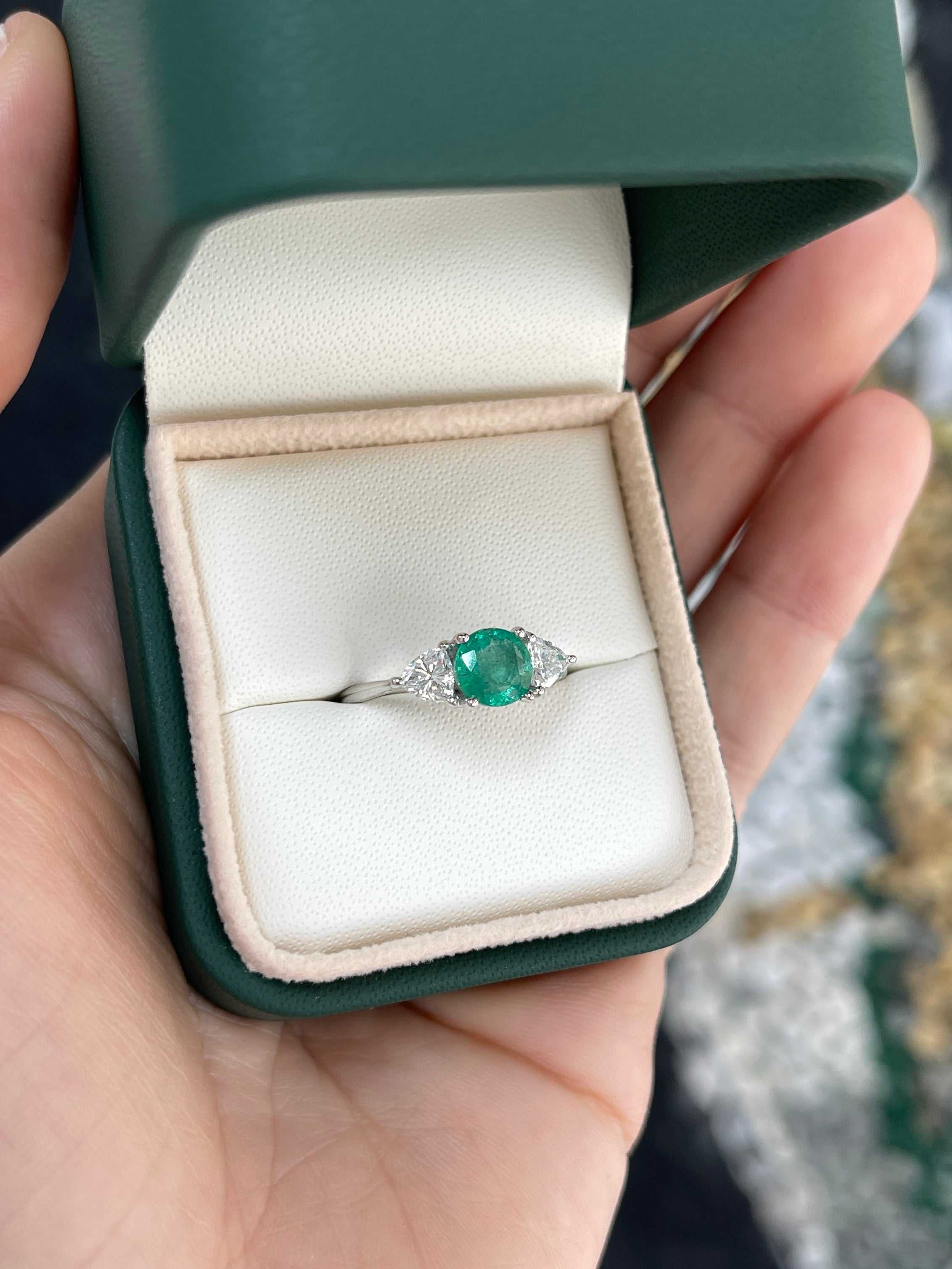 Natural round emerald and trillion lab diamond three-stone ring in 14K gold by JR Colombian Emeralds, featuring intricate gemstone details.