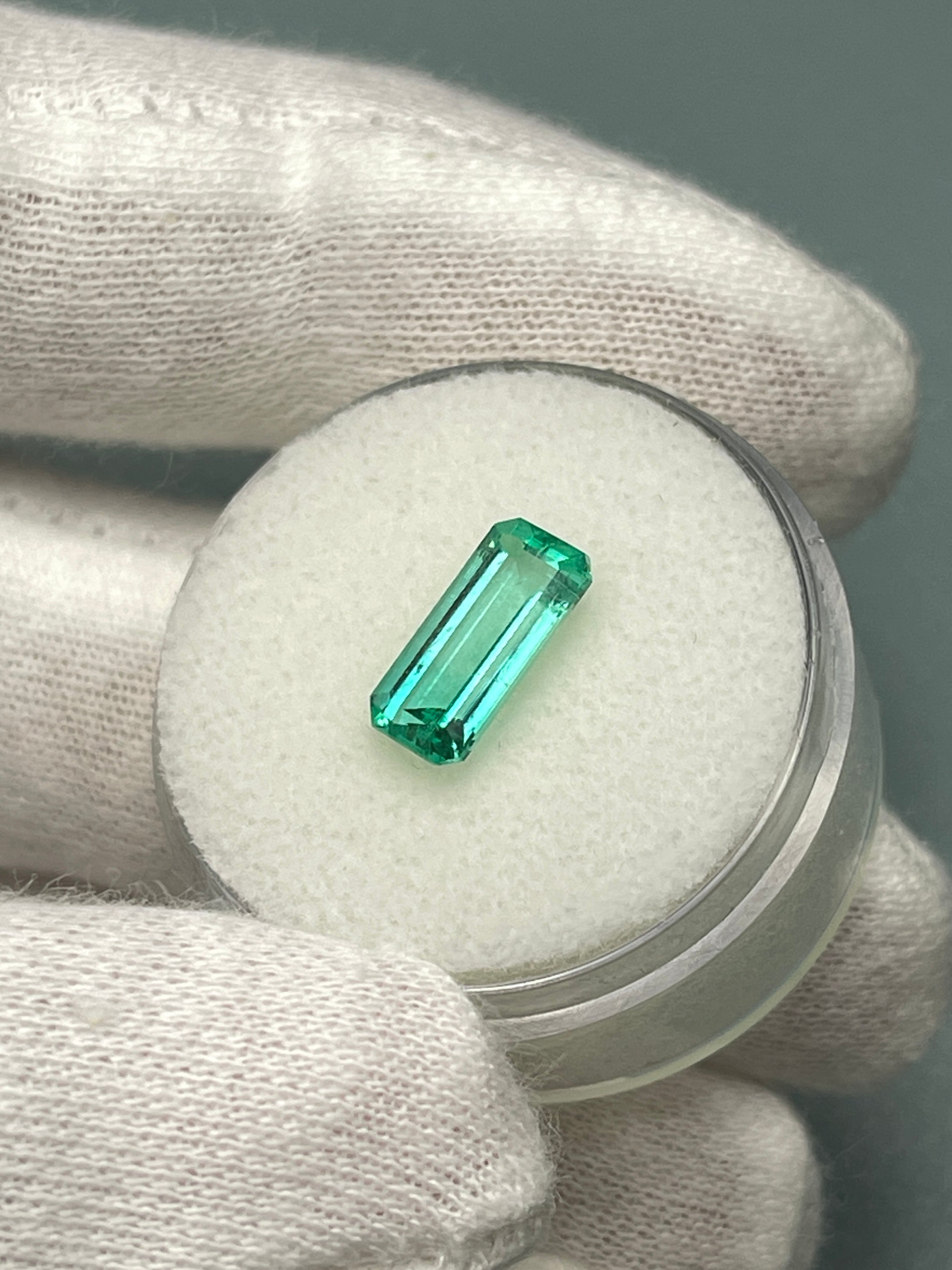 Natural 1.65 Carat Colombian Emerald, 11x5 mm elongated cut, crystalline loose emerald from JR Colombian Emeralds.