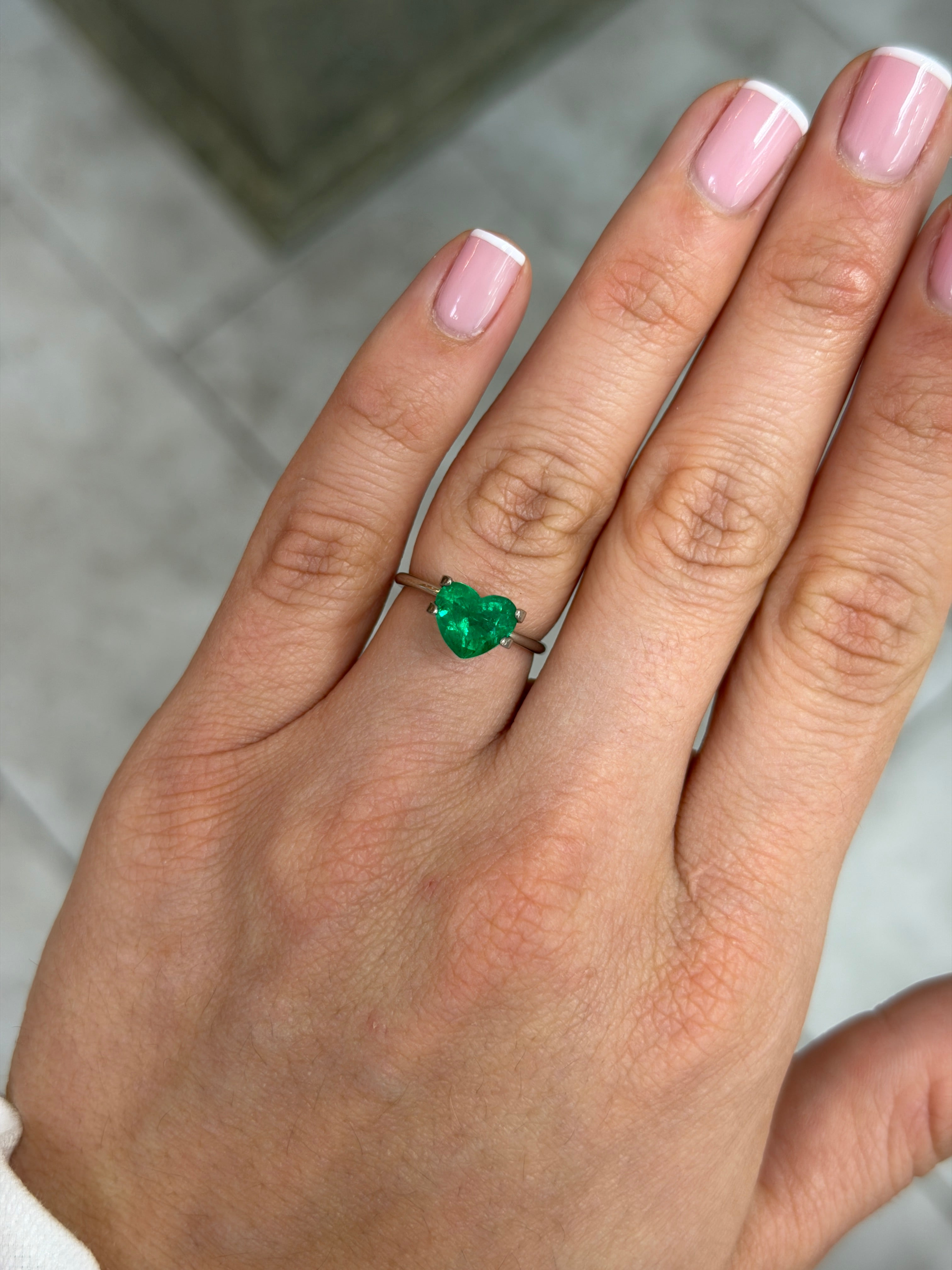 1.65 carat AAA+ vivid intense Muzo green Colombian emerald, heart cut, loose natural gemstone from JR Colombian Emeralds.